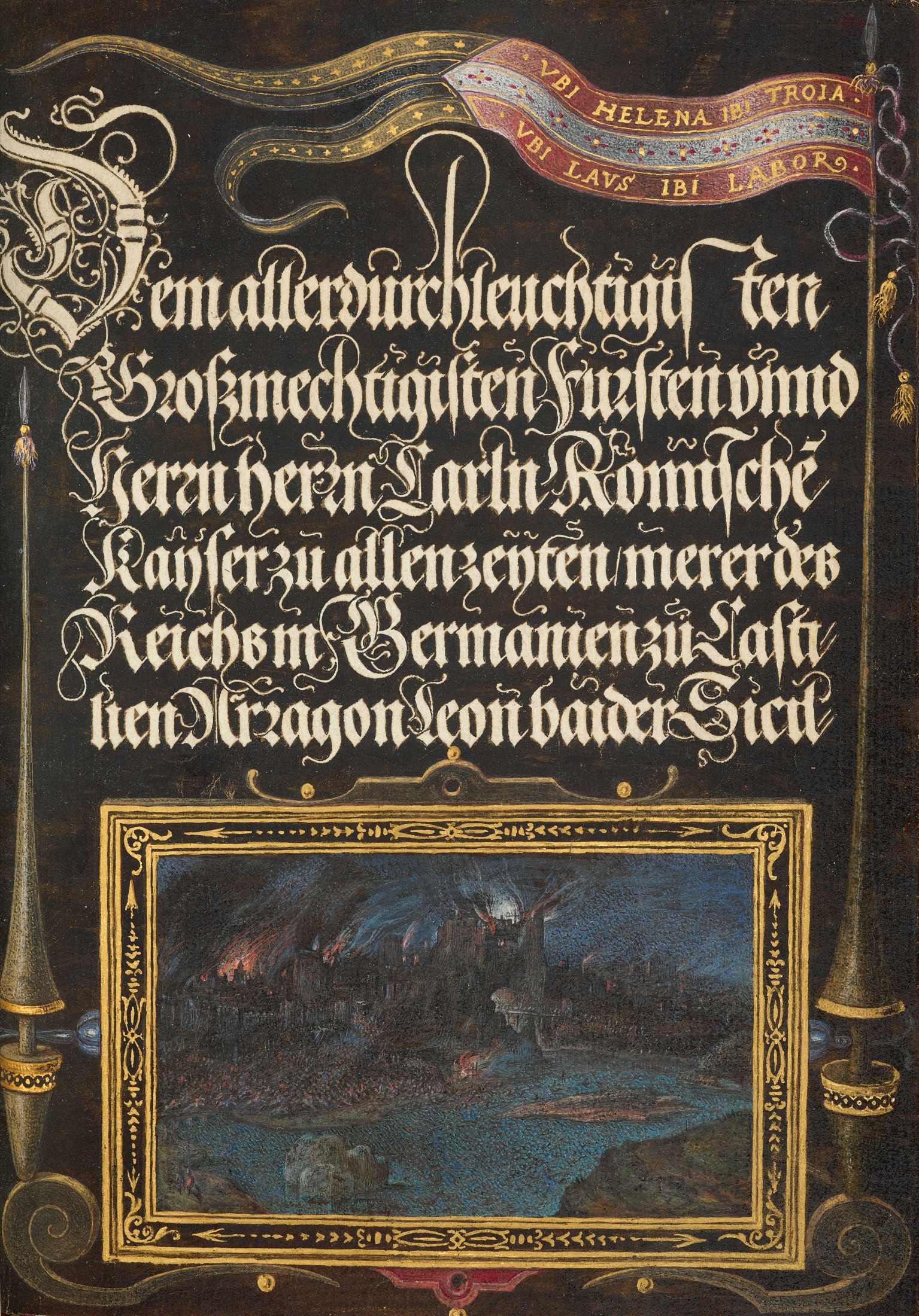 The Burning of Troy; Banner of the House of Hapsburg — Joris Hoefnagel (Illuminator); Georg Bocskay (Scribe)