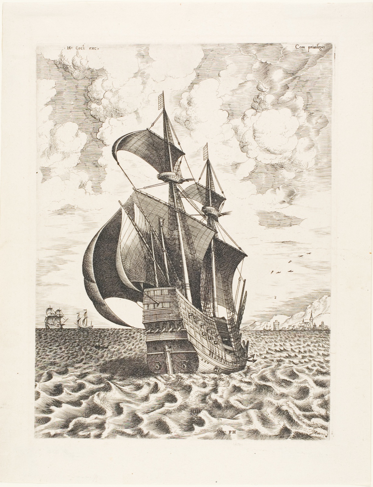 Armed Four-Master Sailing Towards a Port, from The Sailing Vessels — Frans Huys (Flemish, c. 1522-1562); after Pieter Bruegel, the elder (Flemish, 1525/30-1569); published by Hieronymus Cock (Flemish, c. 1510–1570)
