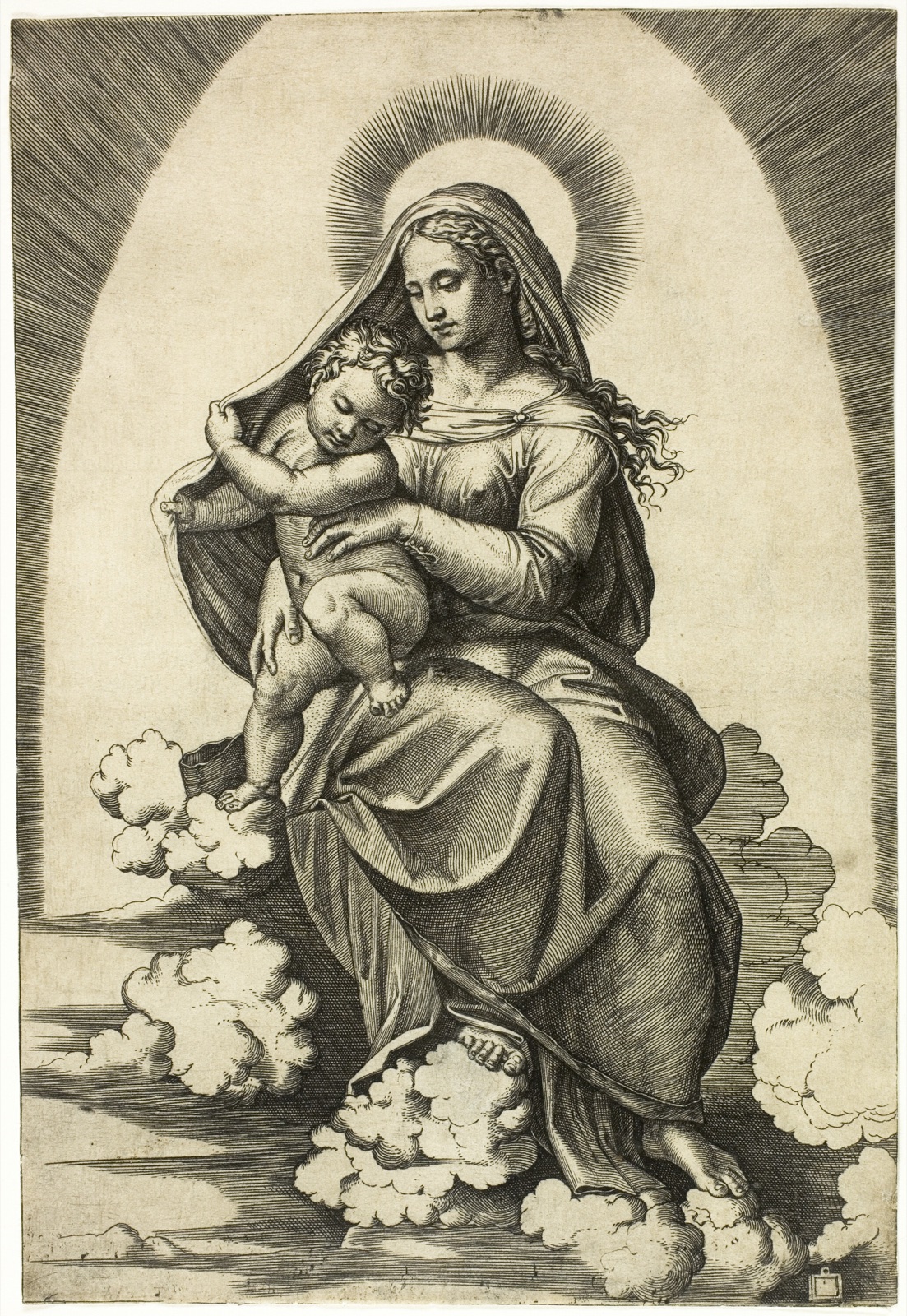 Virgin and Child Seated on Clouds — Marcantonio Raimondi (Italian, c. 1480-1534); after Raffaello Sanzio, called Raphael (Italian, 1483-1520)