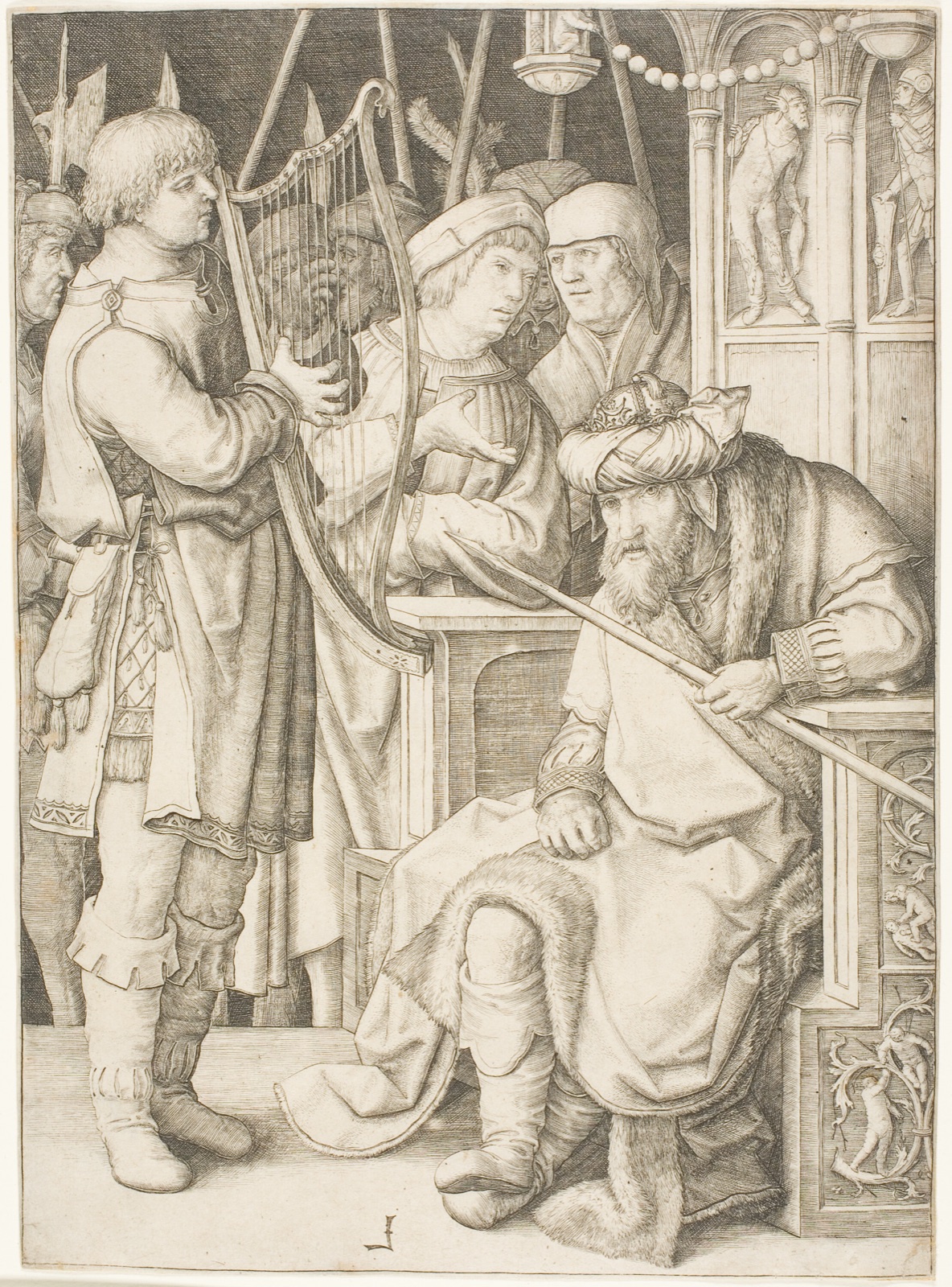 David Playing the Harp Before Saul — Lucas van Leyden; Netherlandish, c. 1494-1533