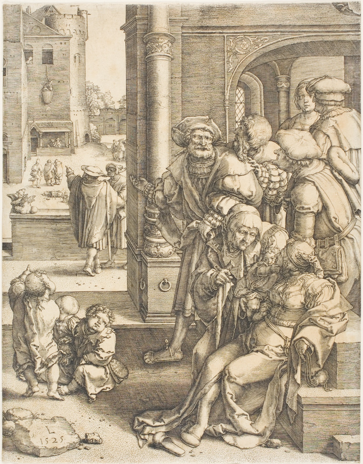 The Poet Virgil Suspended in a Basket — Lucas van Leyden; Netherlandish, c. 1494-1533