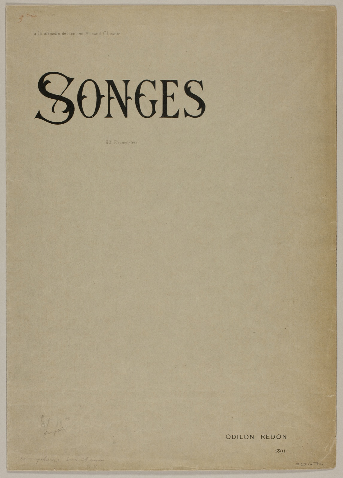 Portfolio Cover for Songes (Dreams) — Odilon Redon; French, 1840-1916