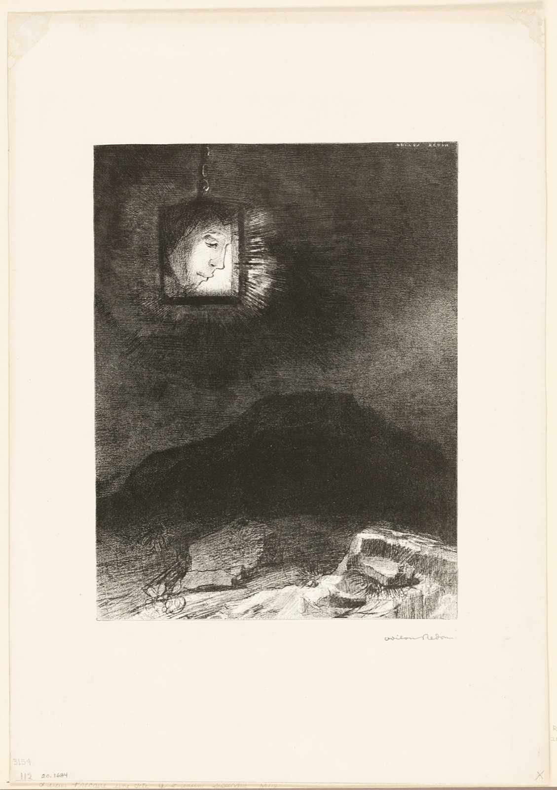 Precarious Glimmering, a Head Suspended from Infinity, plate 3 of 6 — Odilon Redon; French, 1840-1916