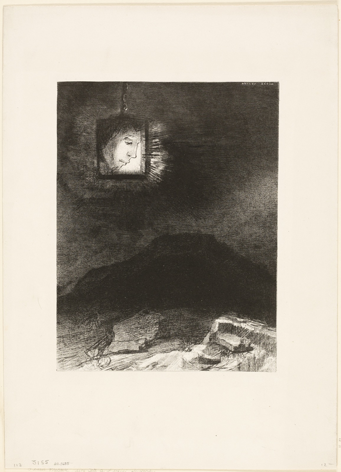 Precarious Glimmering, a Head Suspended from Infinity, plate 3 of 6 — Odilon Redon; French, 1840-1916