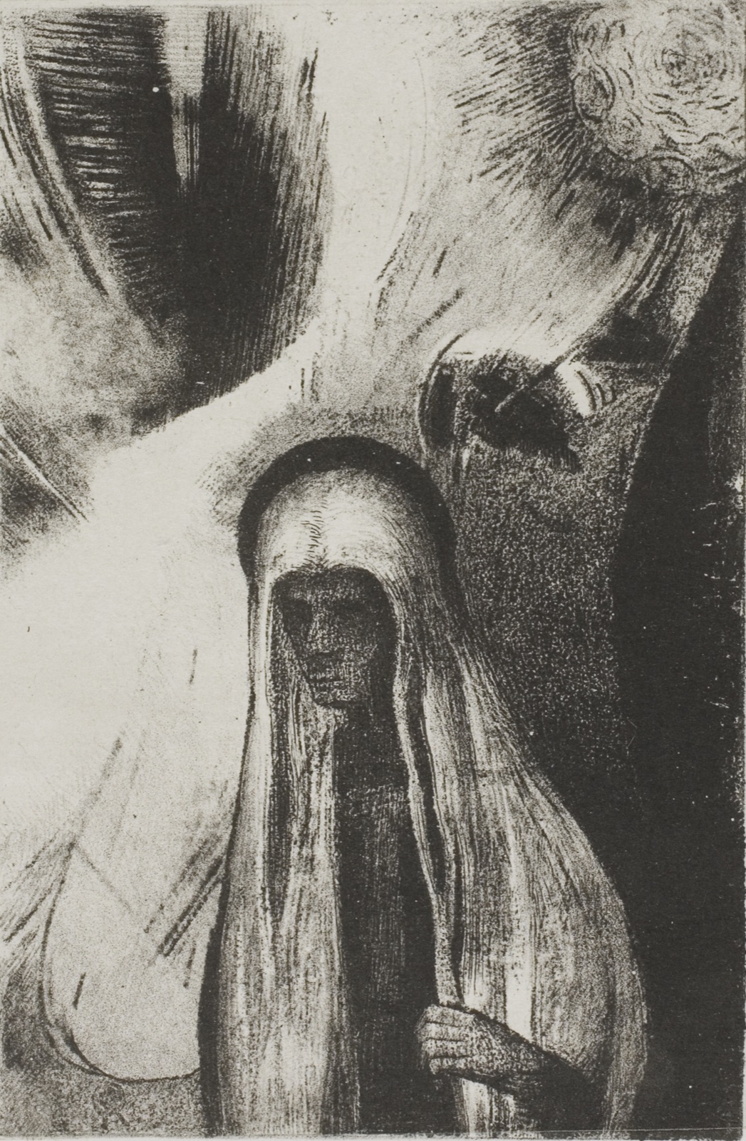The Old Woman: What Are You Afraid Of? A Wide Black Hole! It is Empty Perhaps?", plate 19 of 24 — Odilon Redon; French, 1840-1916