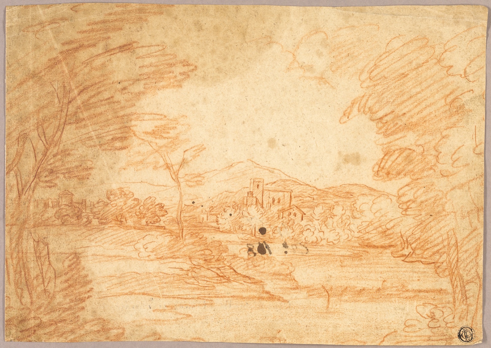 River Landscape with Buildings — Adrien Manglard (French, 1695-1760); or Claude Lorrain (French, 1600-1682)