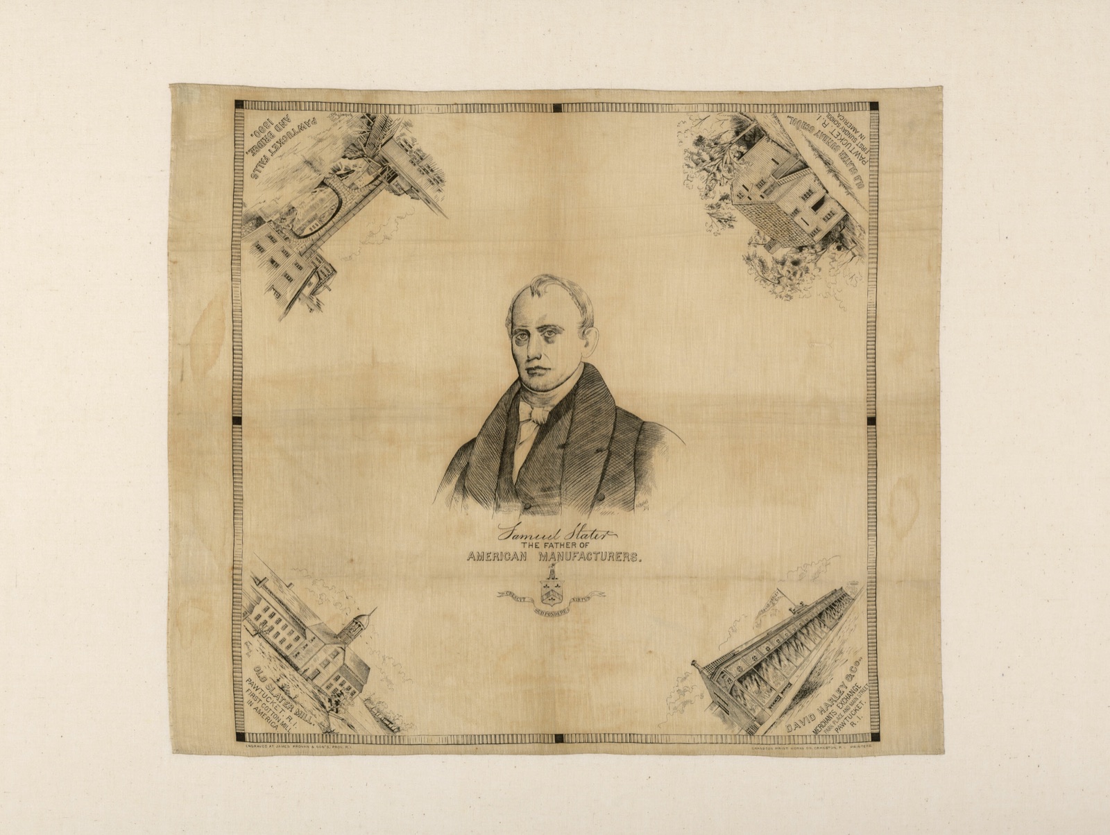 Samuel Slater, The Father of American Manufacturers (Handkerchief) — Engraved by James Provan & Son's (American, active 1890s) after a portrait by James Sullivan Lincoln (American, 1811–1888); Manufactured by Cranston Print Works Co. (American, active 1890); United States, Rhode Island, Cranston