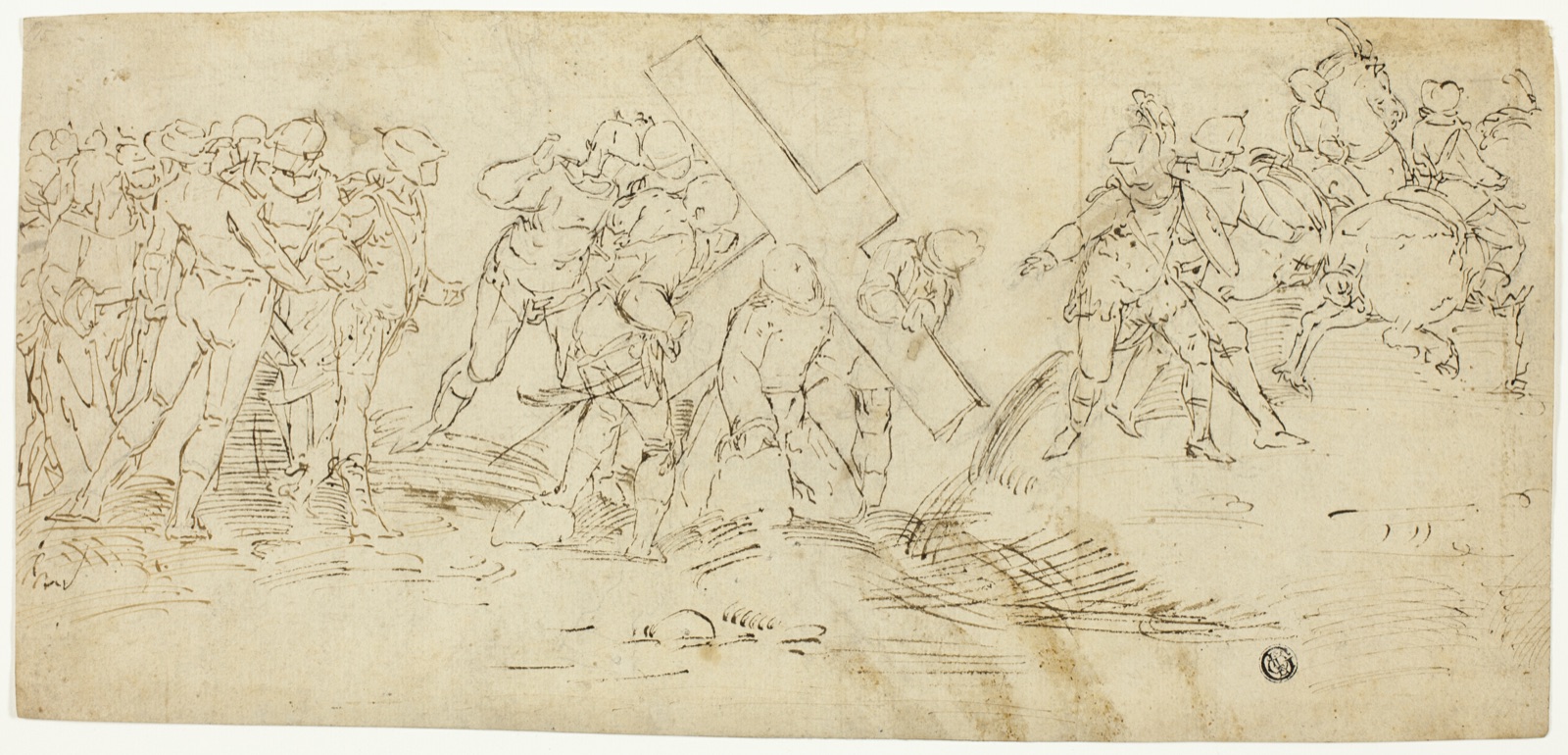 Via Crucis; Christ Falling Beneath the Cross (recto) Sketch of Male Nude (verso) — Follower of Luca Cambiaso; Italian, 1527-1585