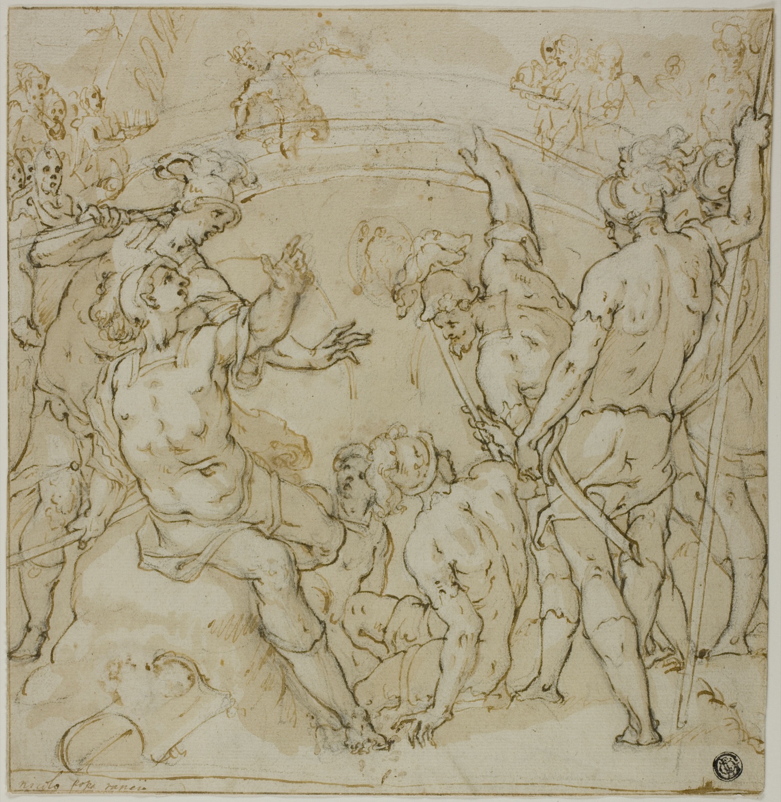 Study for the Duel between Heraclius and Khosrau (recto); Sketches of Seated Figure (verso) — Niccolò Circignani, called Il Pomarancio; Italian, 1514/24-after 1597