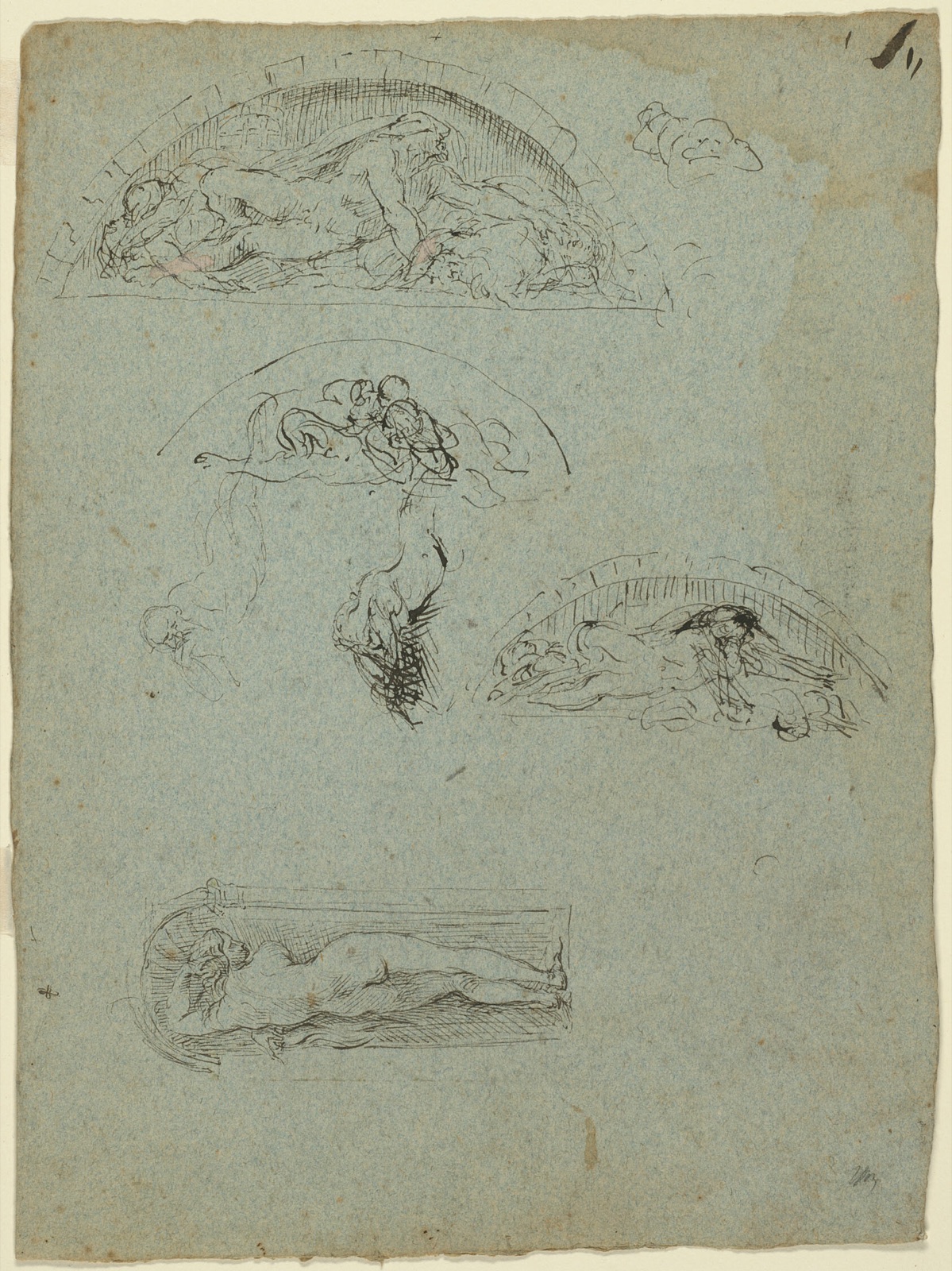 Standing Figure in a Niche and Studies for the Ugolino Group (recto); Red-Robed Prelate in a Crowd (verso) — Jean Baptiste Carpeaux; French, 1827-1875