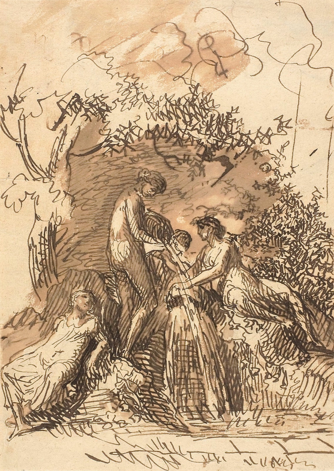 Young Girls at a Fountain (recto); Fragment of Sketch of Legs (verso) — Johann Christian Reinhart; German, 1761-1847