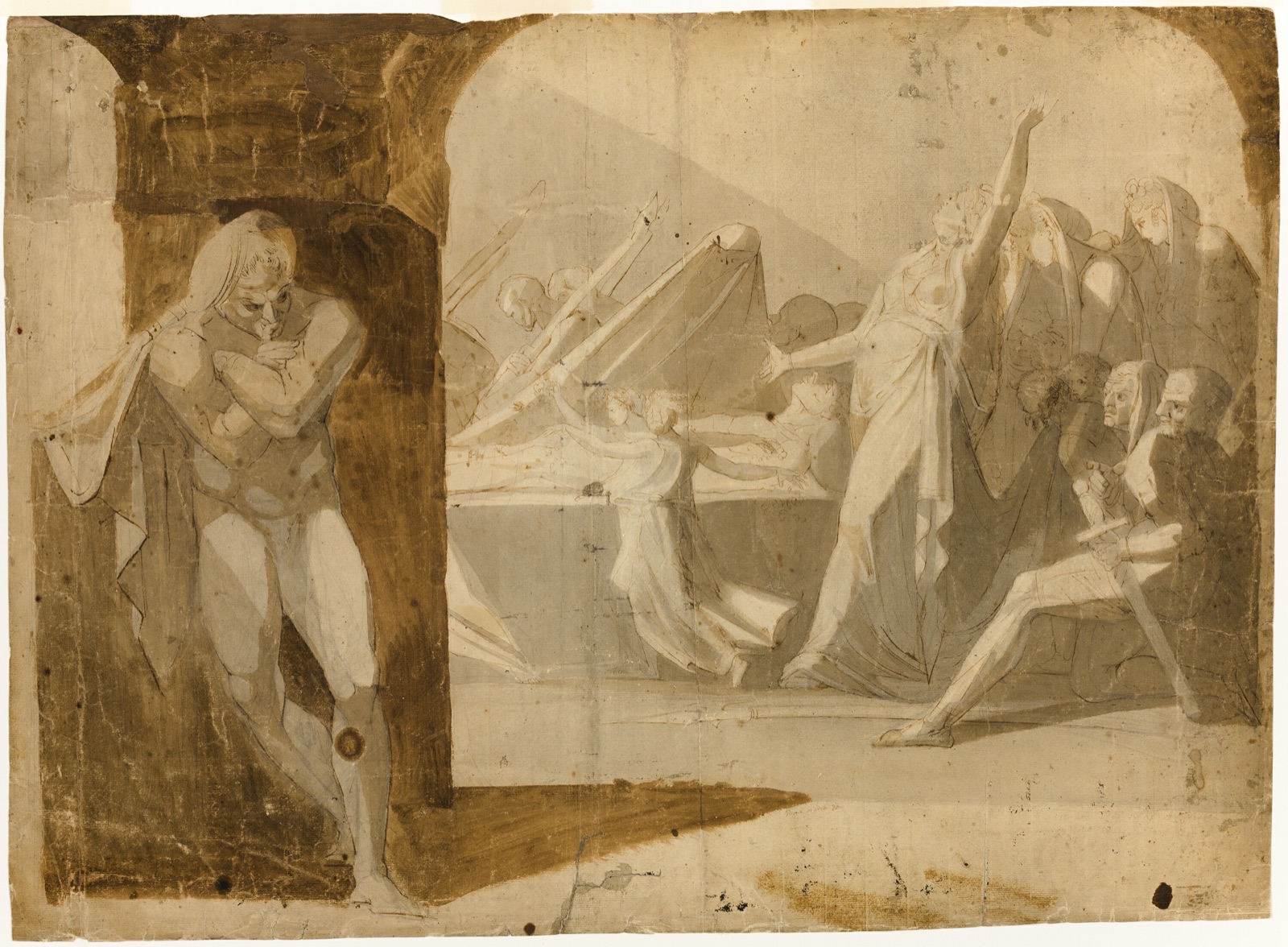 The Duke of Gloucester Lying in Wait for Lady Anne at the Funeral Procession of Her Father-in-law, King Henry VI (recto); Standing Male Nude, Leaning Forward (verso) — Henry Fuseli; Swiss, active in England, 1741-1825