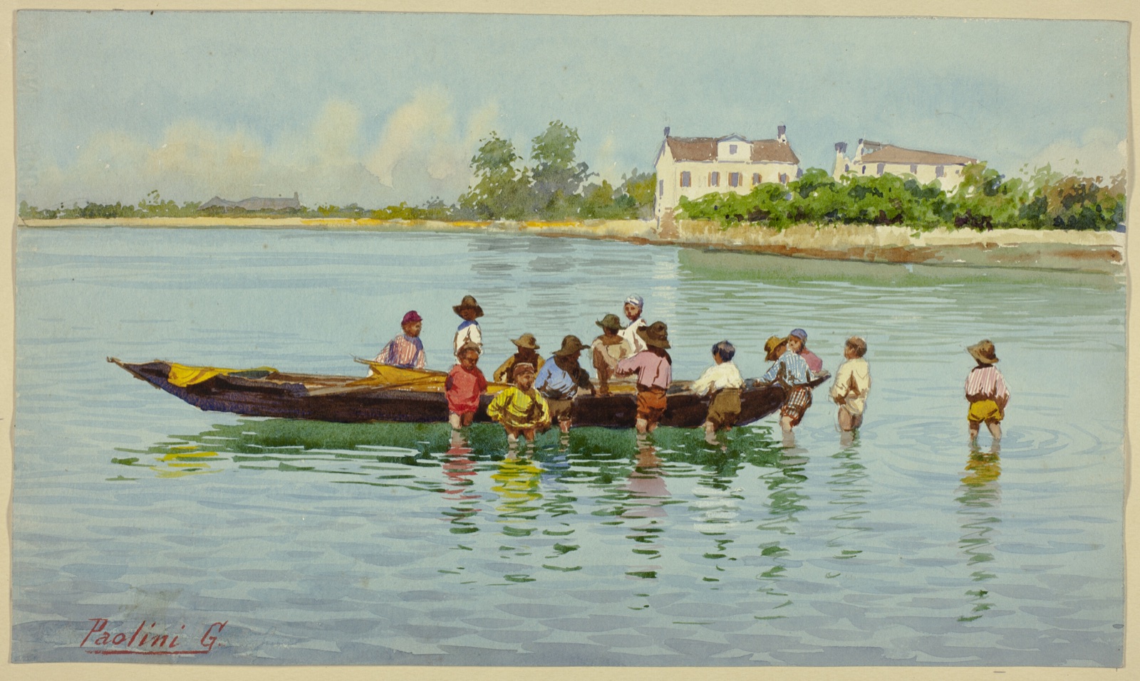 Children with Boat on Venetian Lagoon — G. Paolini; Unknown, possibly late 19th century