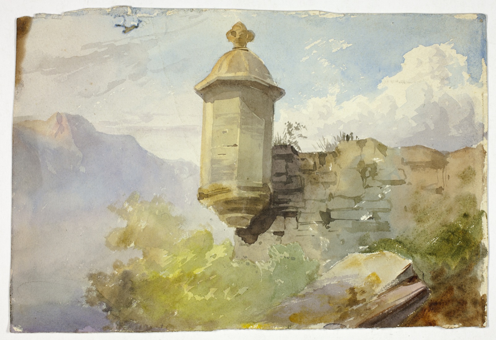Domed Lookout on Wall in Mountain Landscape (recto); Figures Crossing Bridge before Mountain (verso)