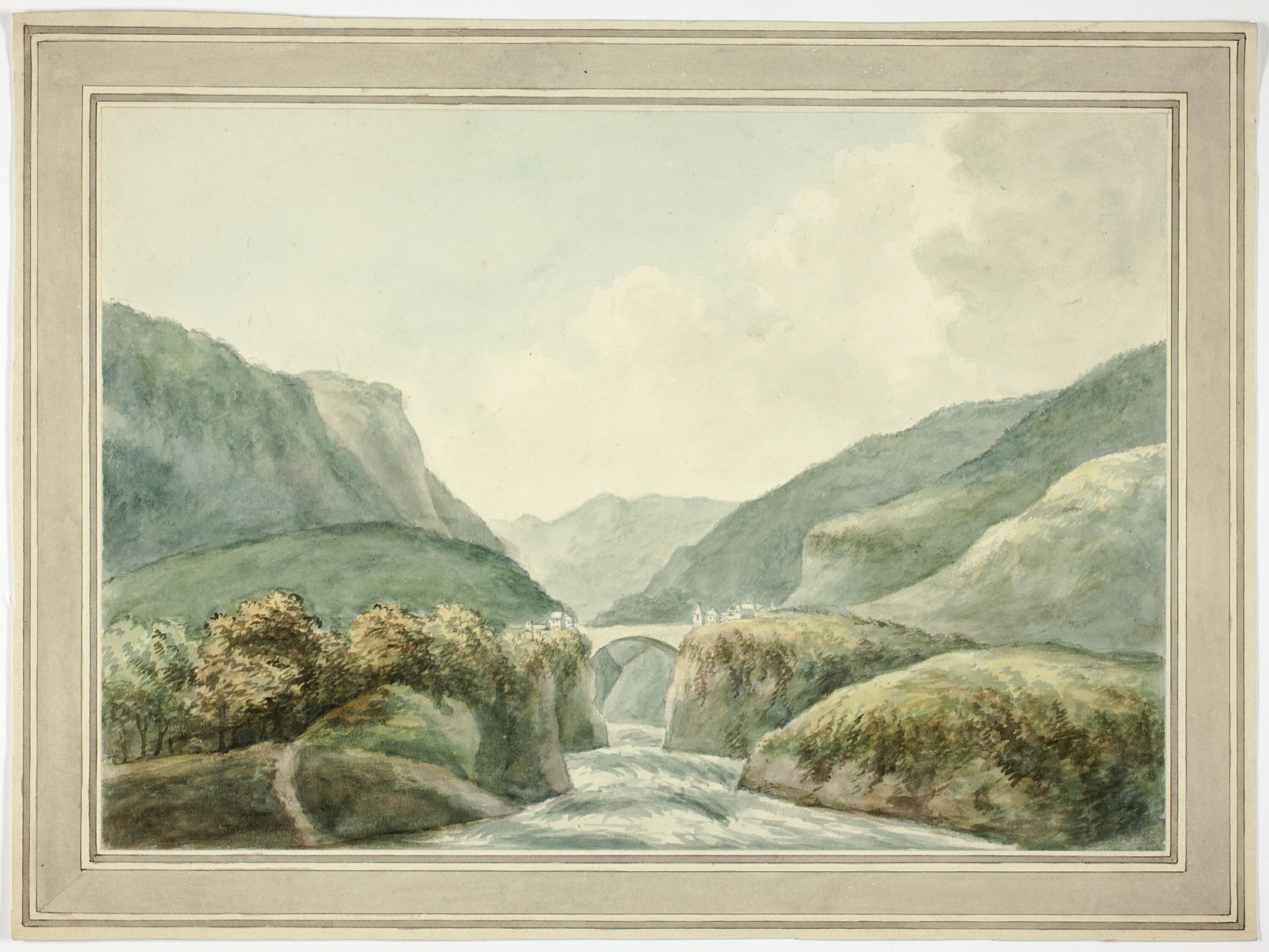Mountain Town by Bridge Spanning Rapids — Possibly after John "Warwick" Smith; English, 1749-1831