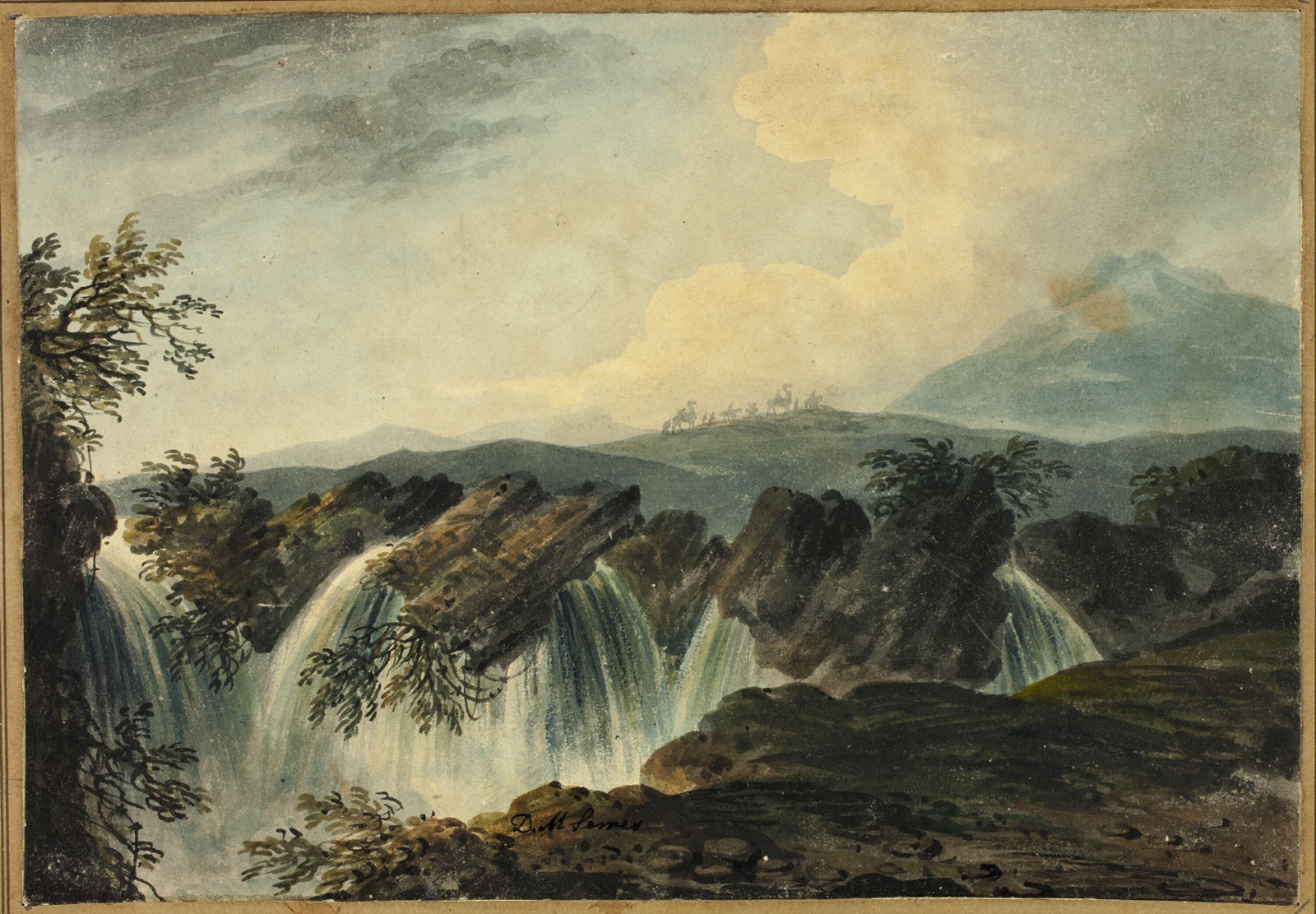 Camel Caravan Crossing Plane Above Waterfall — Dominic Serres; English, 1722-1793