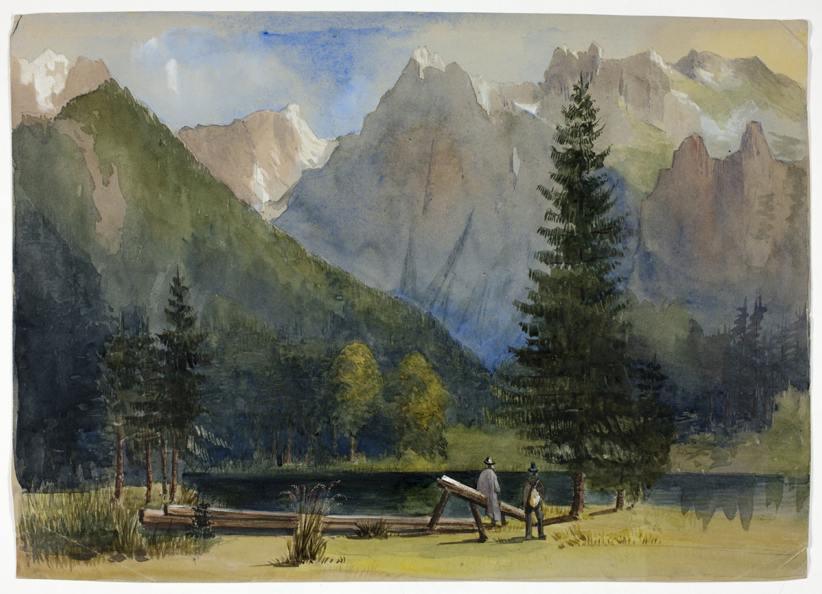 Two Men by Pond below Alps