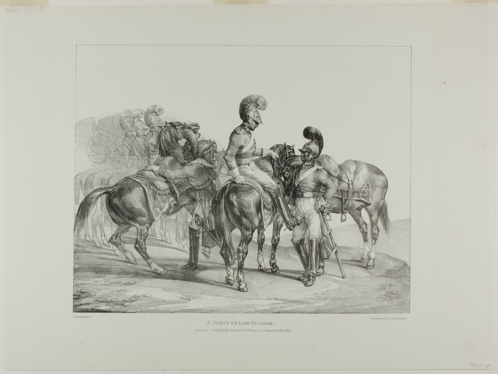 A Party of Life Guards, plate 5 from Various Subjects Drawn from Life and on Stone (The English Suite) — Jean Louis André Théodore Géricault (French, 1791-1824); printed by Charles Joseph Hullmandel (German and English, 1789-1850); published by Rodwell and Martin