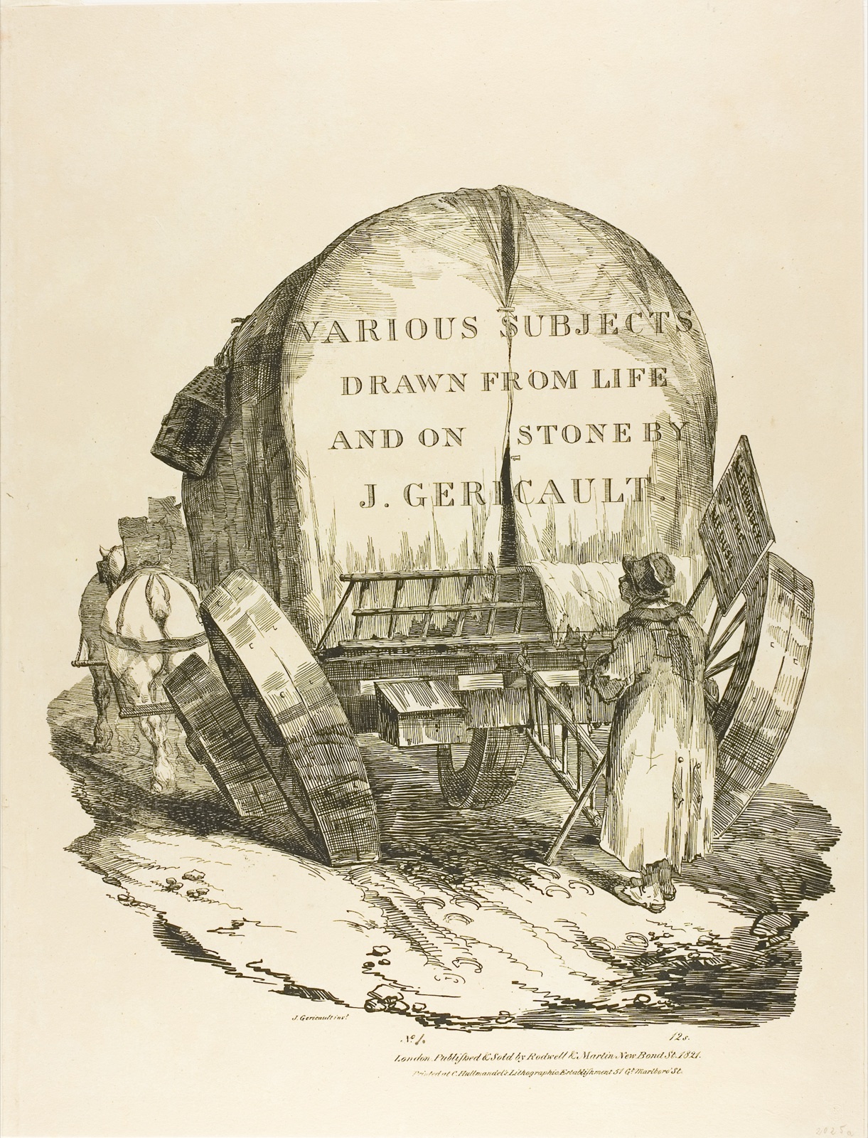 A Horse-Drawn Wagon, Title Page for Various Subjects Drawn from Life and on Stone (The English Suite) — Jean Louis André Théodore Géricault (French, 1791-1824); printed by Charles Joseph Hullmandel (German and English, 1789-1850); published by Rodwell and Martin