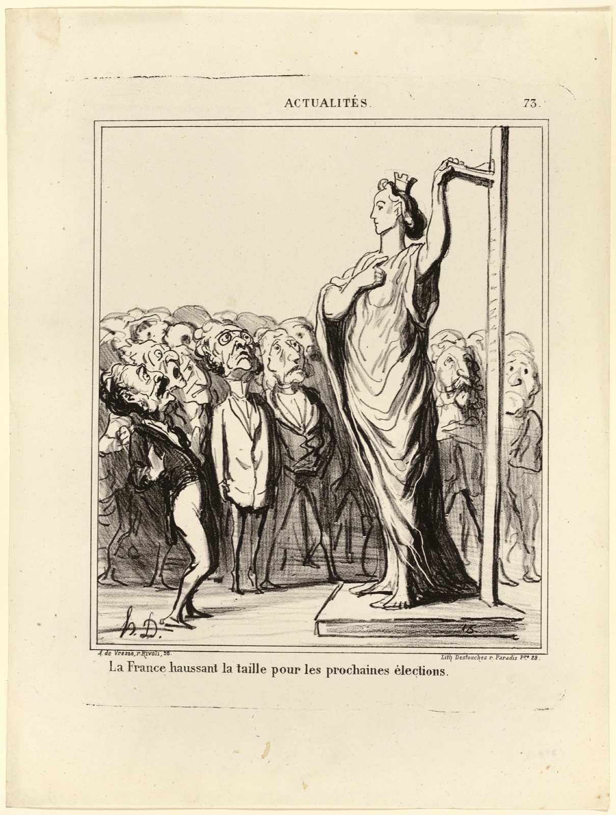 France preparing to get her candidates to pass muster under the measure of standards, plate 73 from Actualités — Honoré Victorin Daumier; French, 1808-1879