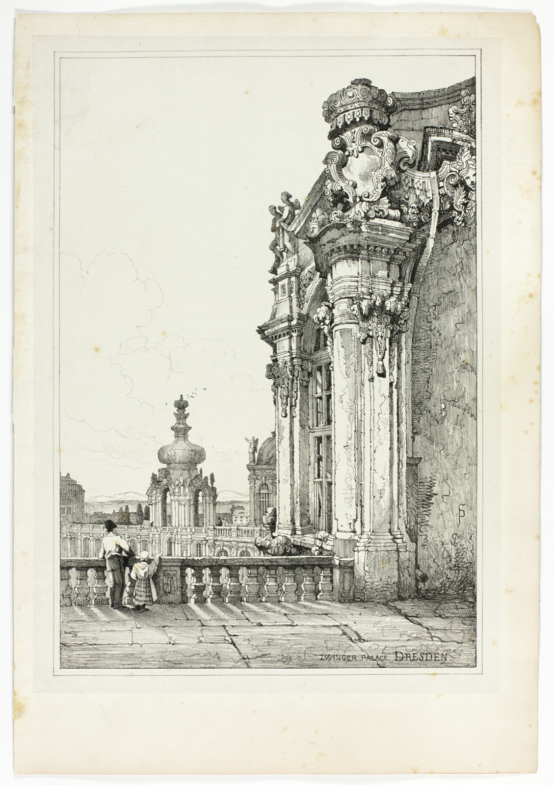 Zwinger Palace, Dresden, from Facsimiles of Sketches made in Flanders and Germany — Samuel Prout (English, 1783-1852); printed by Charles Joseph Hullmandel (English, 1789-1850)