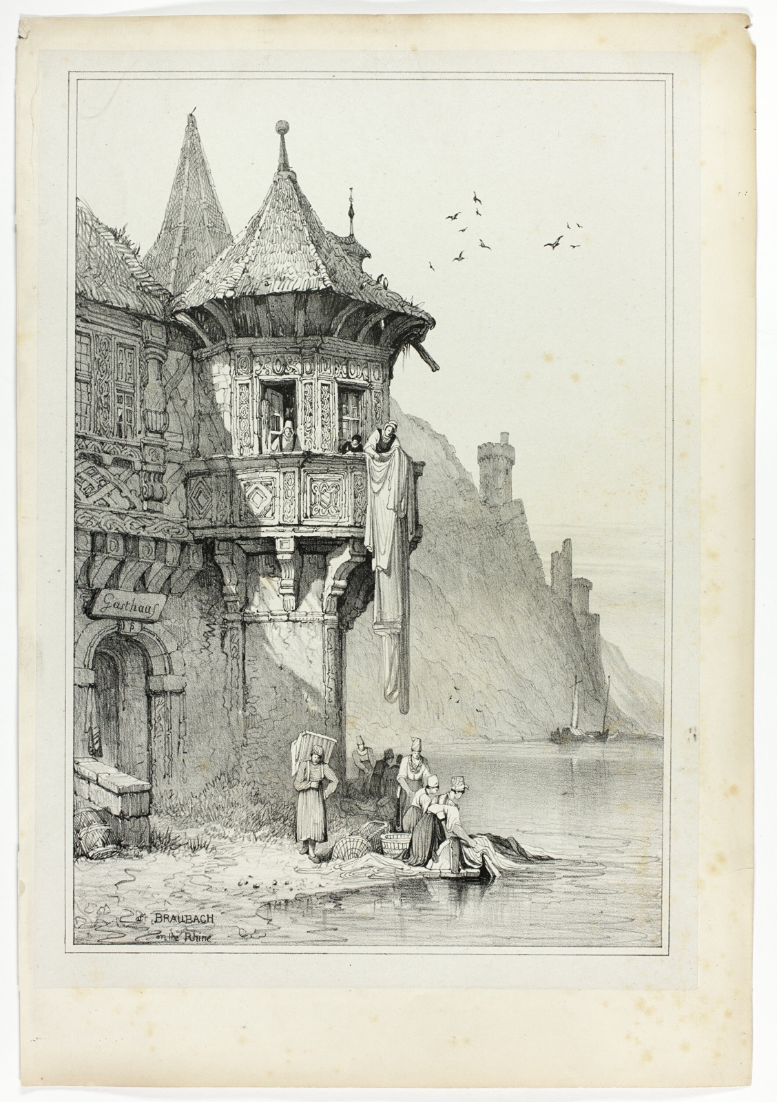 At Braubach on the Rhine, from Facsimiles of Sketches made in Flanders and Germany — Samuel Prout (English, 1783-1852); printed by Charles Joseph Hullmandel (English, 1789-1850)