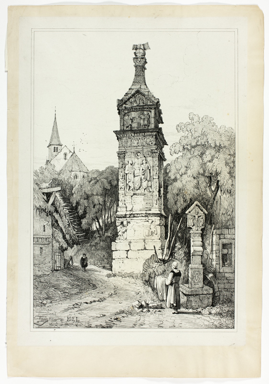 Roman Pillar at Igel, from Facsimiles of Sketches made in Flanders and Germany — Samuel Prout (English, 1783-1852); printed by Charles Joseph Hullmandel (English, 1789-1850)