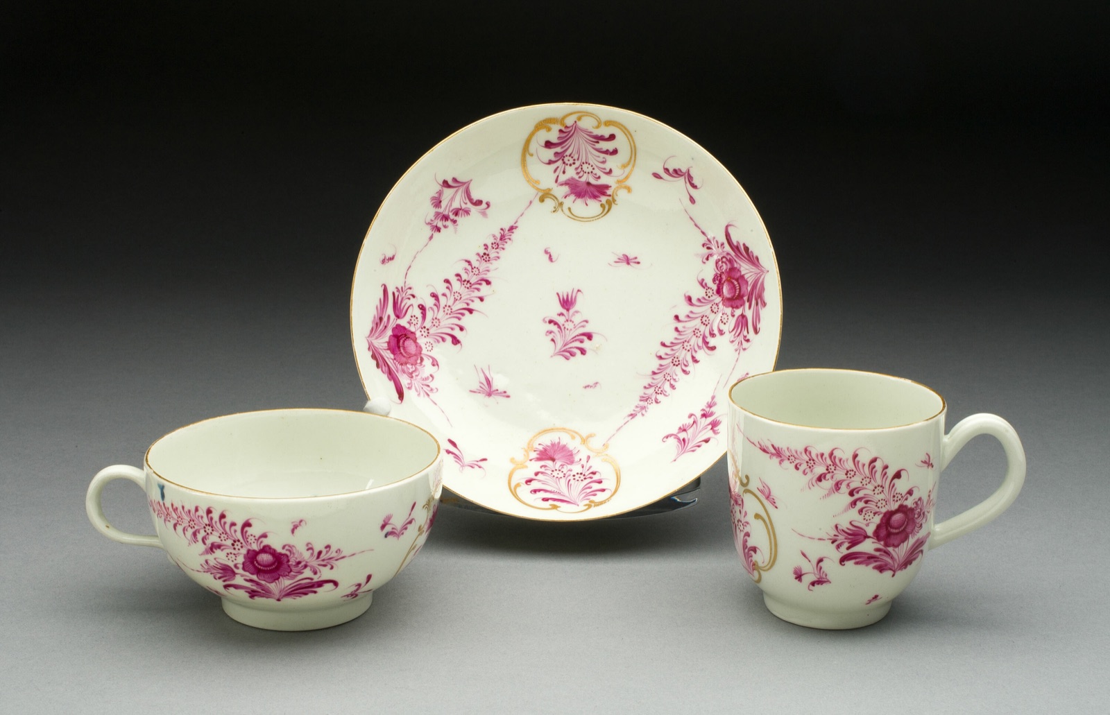 Teacup, Coffee Cup, and Saucer — Worcester Porcelain Factory (Warmstry House Period, 1751–1783); Worcester, England, founded 1751