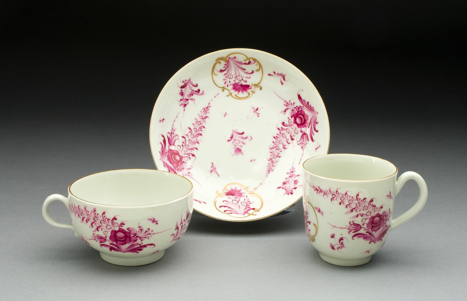 Teacup, Coffee Cup, and Saucer — Worcester Porcelain Factory (Warmstry House Period, 1751–1783); Worcester, England, founded 1751