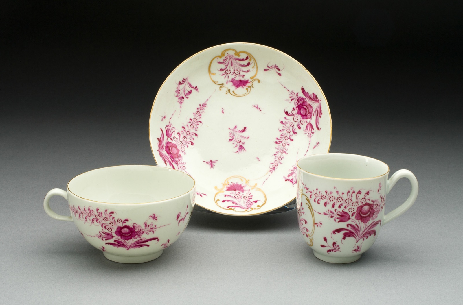 Teacup, Coffee Cup, and Saucer — Worcester Porcelain Factory (Warmstry House Period, 1751–1783); Worcester, England, founded 1751