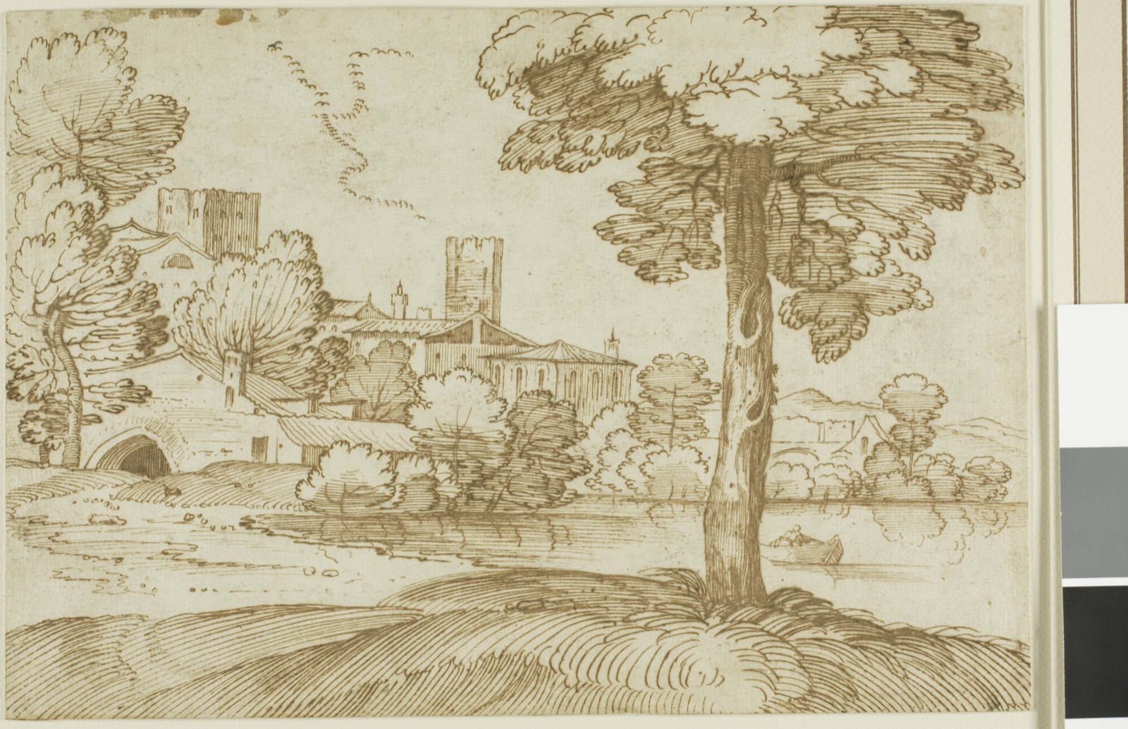 Landscape with a Large Tree on the Right and a Distant View of a Town on the Left — Giovanni Francesco Grimaldi, called Il Bolognese; Italian, 1606-1680