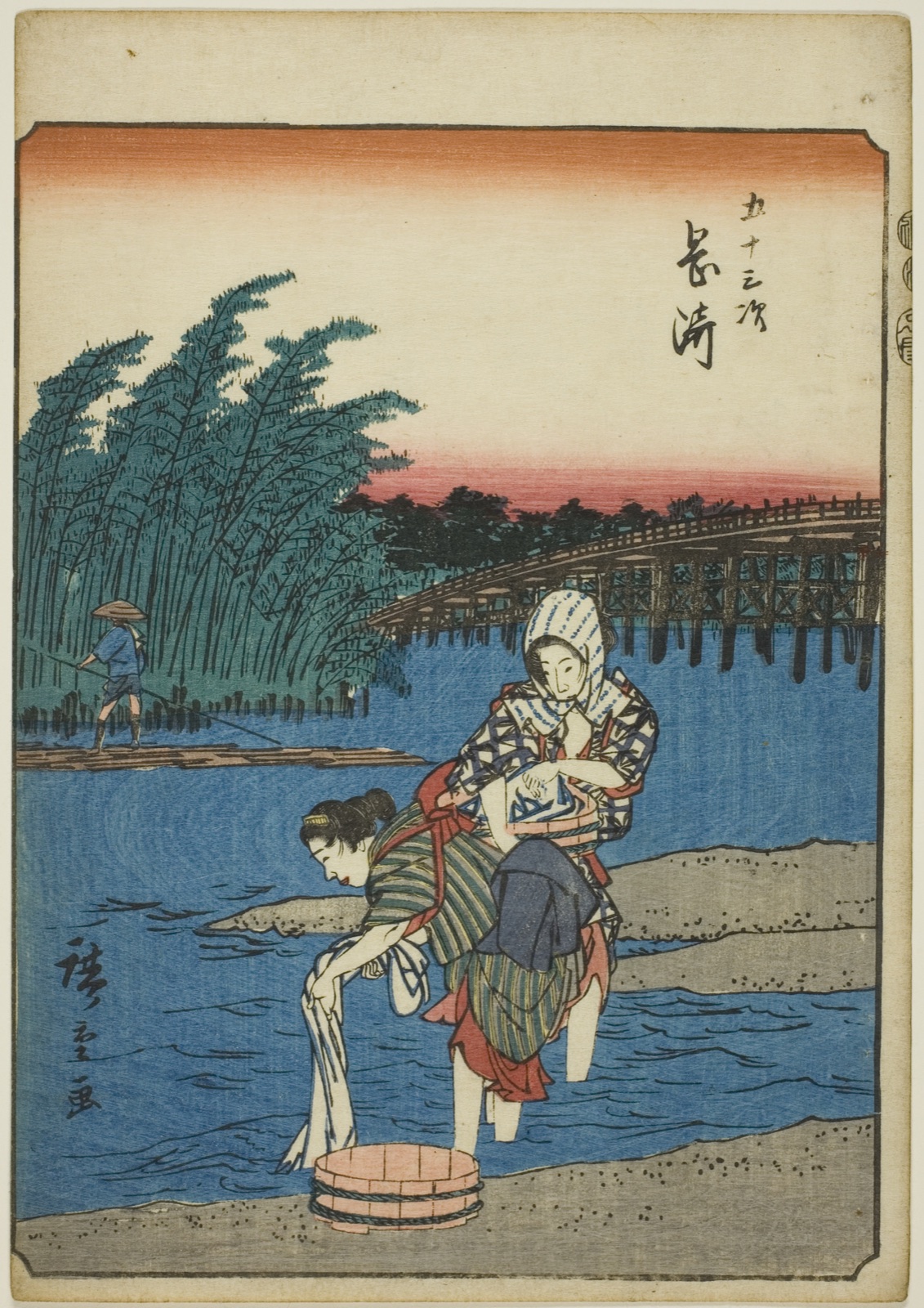 Okazaki, from the series "Fifty-three Stations [of the Tokaido] (Gojusan tsugi)," also known as the Figure Tokaido (Jinbutsu Tokaido) — Utagawa Hiroshige 歌川 広重; Japanese, 1797-1858