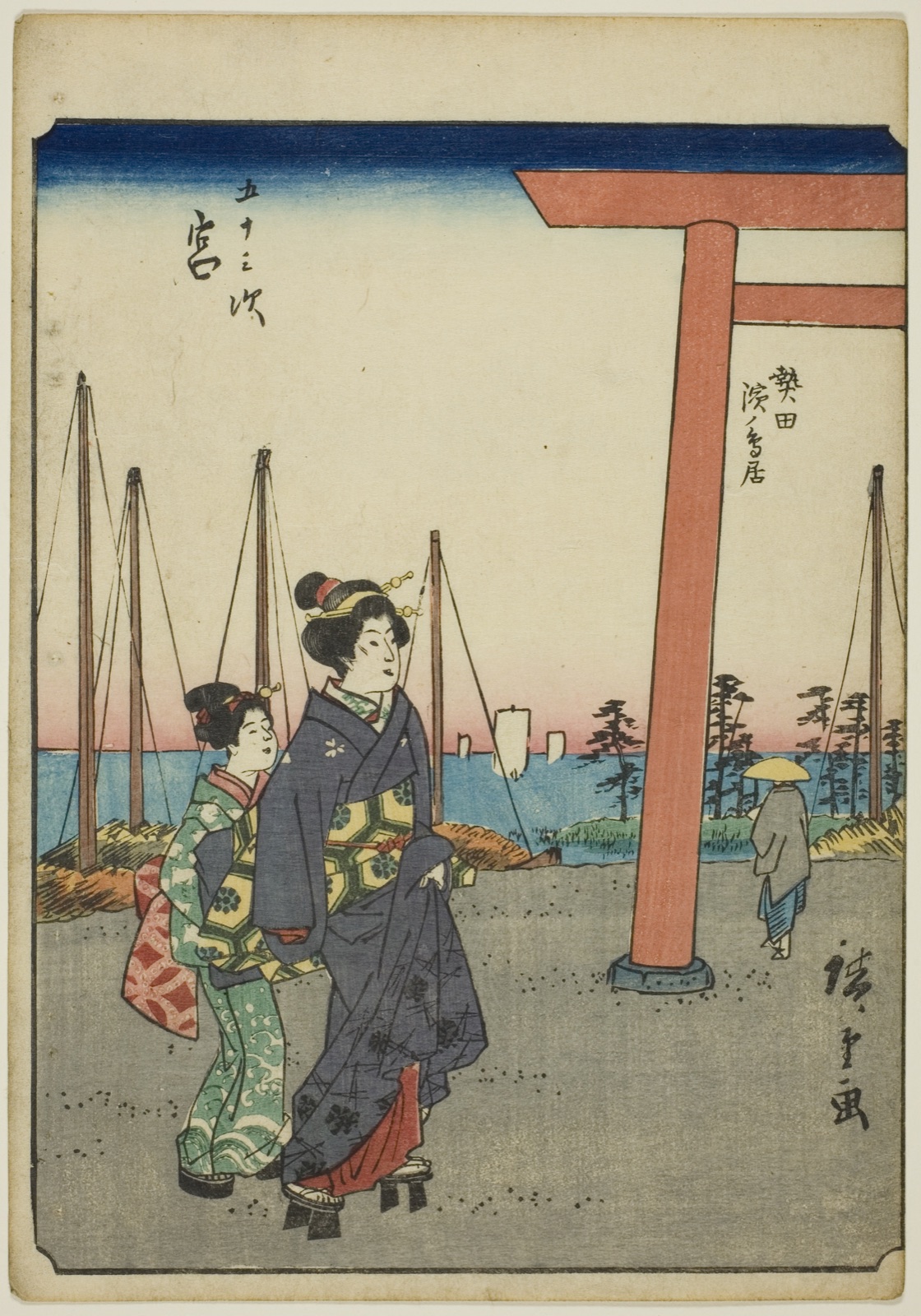 Miya, from the series "Fifty-three Stations [of the Tokaido] (Gojusan tsugi)," also known as the Figure Tokaido (Jinbutsu Tokaido) — Utagawa Hiroshige 歌川 広重; Japanese, 1797-1858