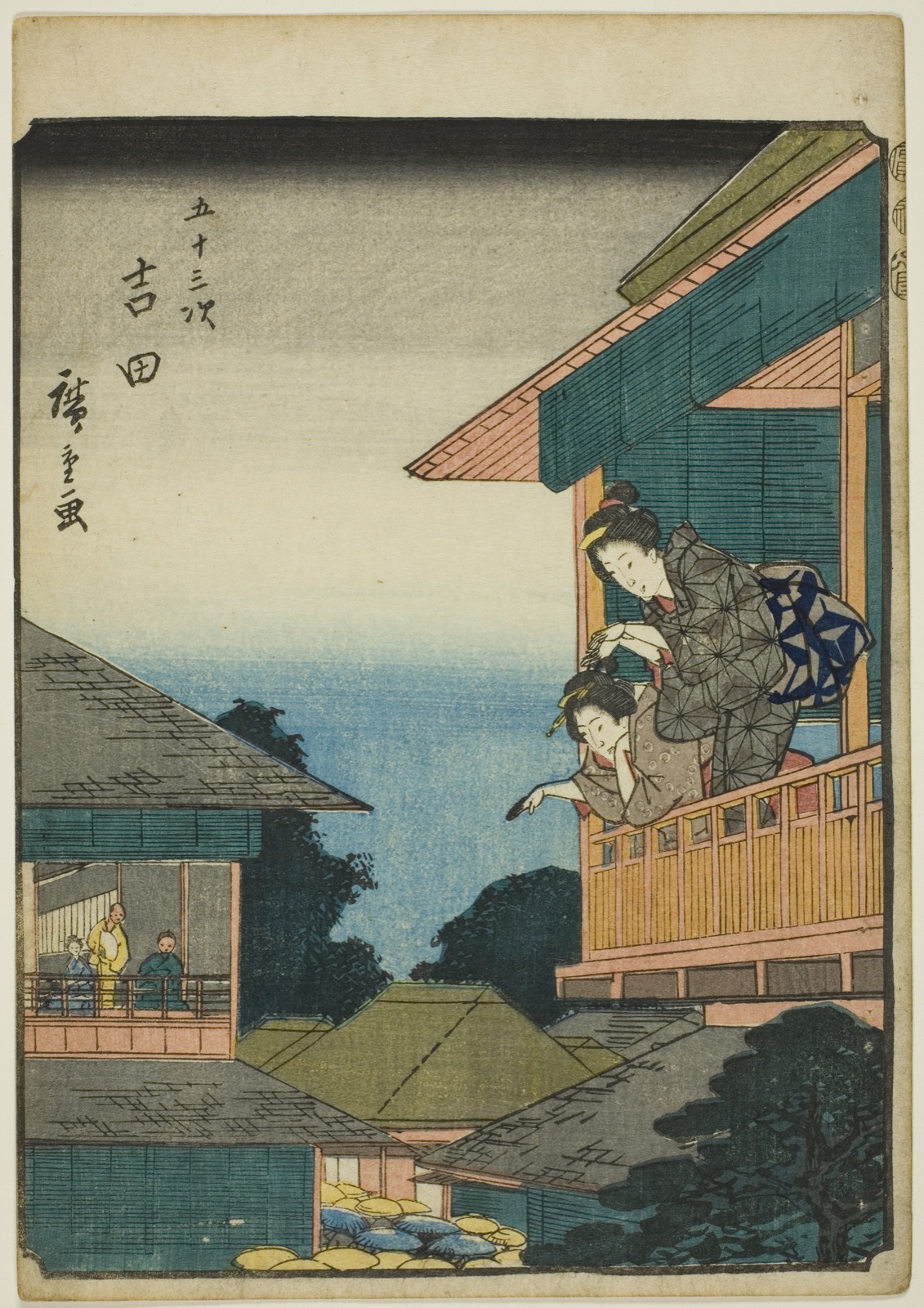 Yoshida, from the series "Fifty-three Stations [of the Tokaido] (Gojusan tsugi)," also known as the Figure Tokaido (Jinbutsu Tokaido) — Utagawa Hiroshige 歌川 広重; Japanese, 1797-1858