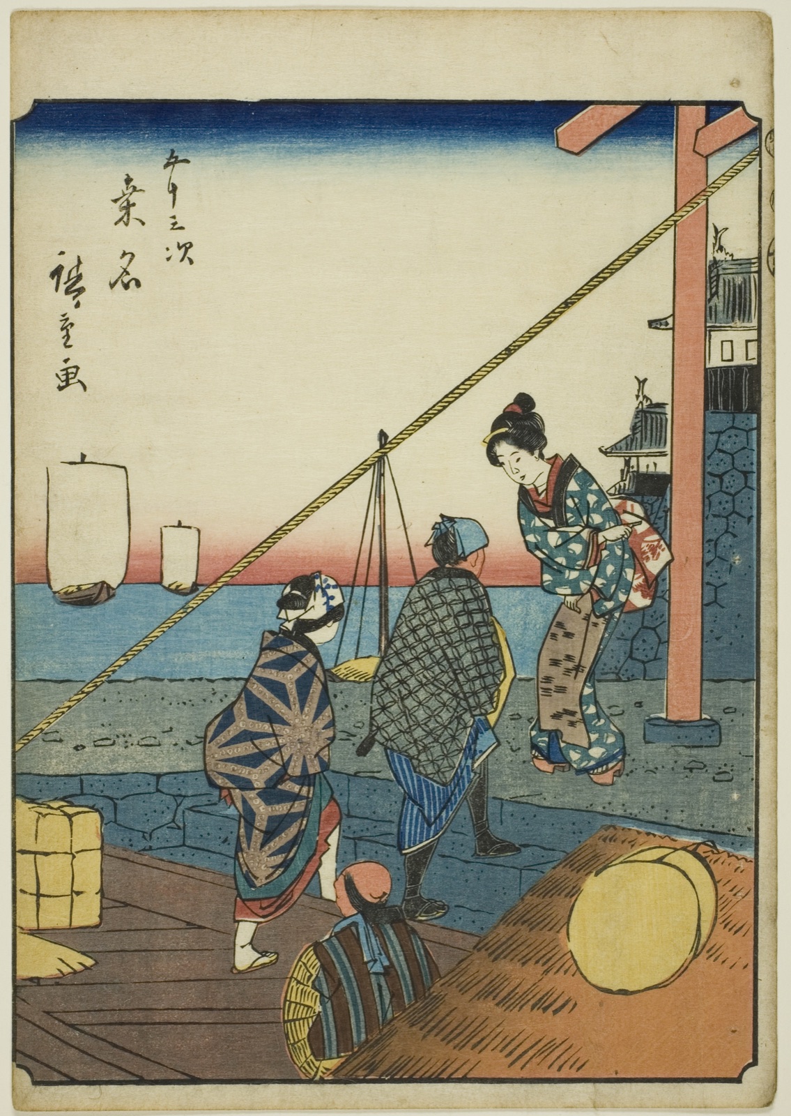 Kuwana, from the series "Fifty-three Stations [of the Tokaido] (Gojusan tsugi)," also known as the Figure Tokaido (Jinbutsu Tokaido) — Utagawa Hiroshige 歌川 広重; Japanese, 1797-1858