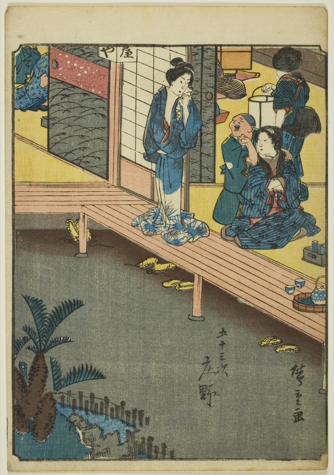 Shono, from the series "Fifty-three Stations [of the Tokaido] (Gojusan tsugi)," also known as the Figure Tokaido (Jinbutsu Tokaido) — Utagawa Hiroshige 歌川 広重; Japanese, 1797-1858