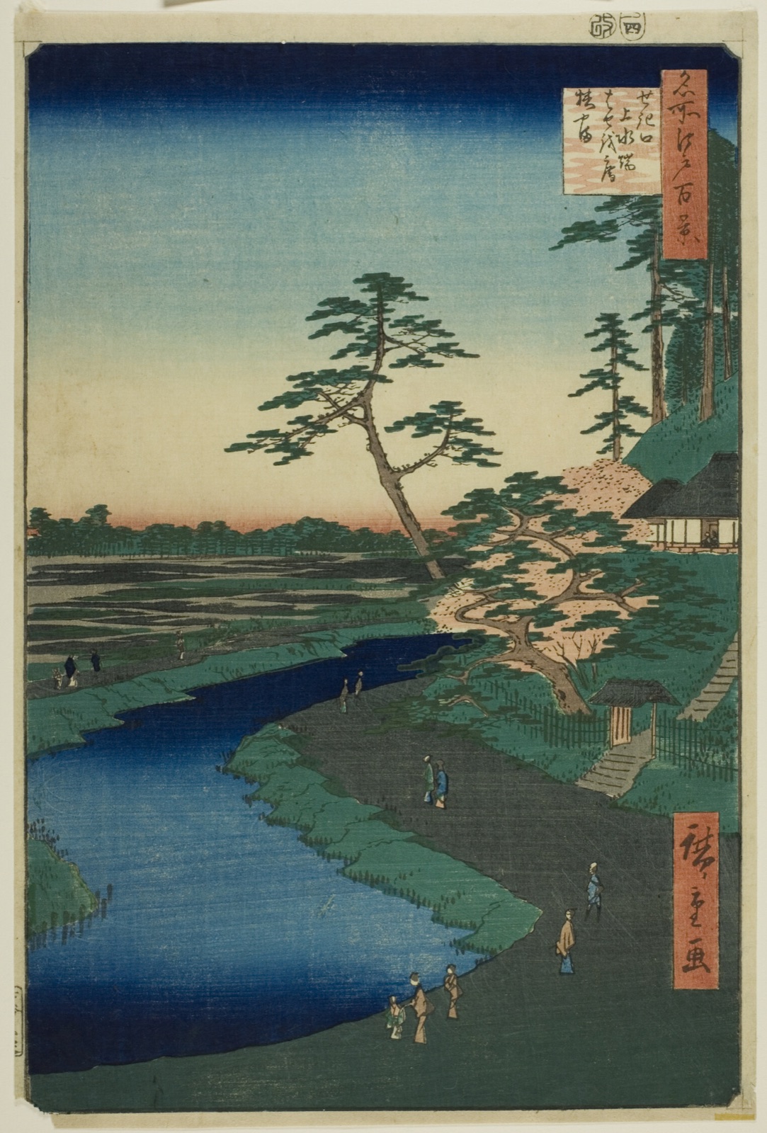 Basho's Hut on Camellia Hill Beside the Aquaduct at Sekiguchi, from the series "One Hundred Famous Views of Edo (Meisho Edo hyakkei)" — Utagawa Hiroshige 歌川 広重; Japanese, 1797–1858
