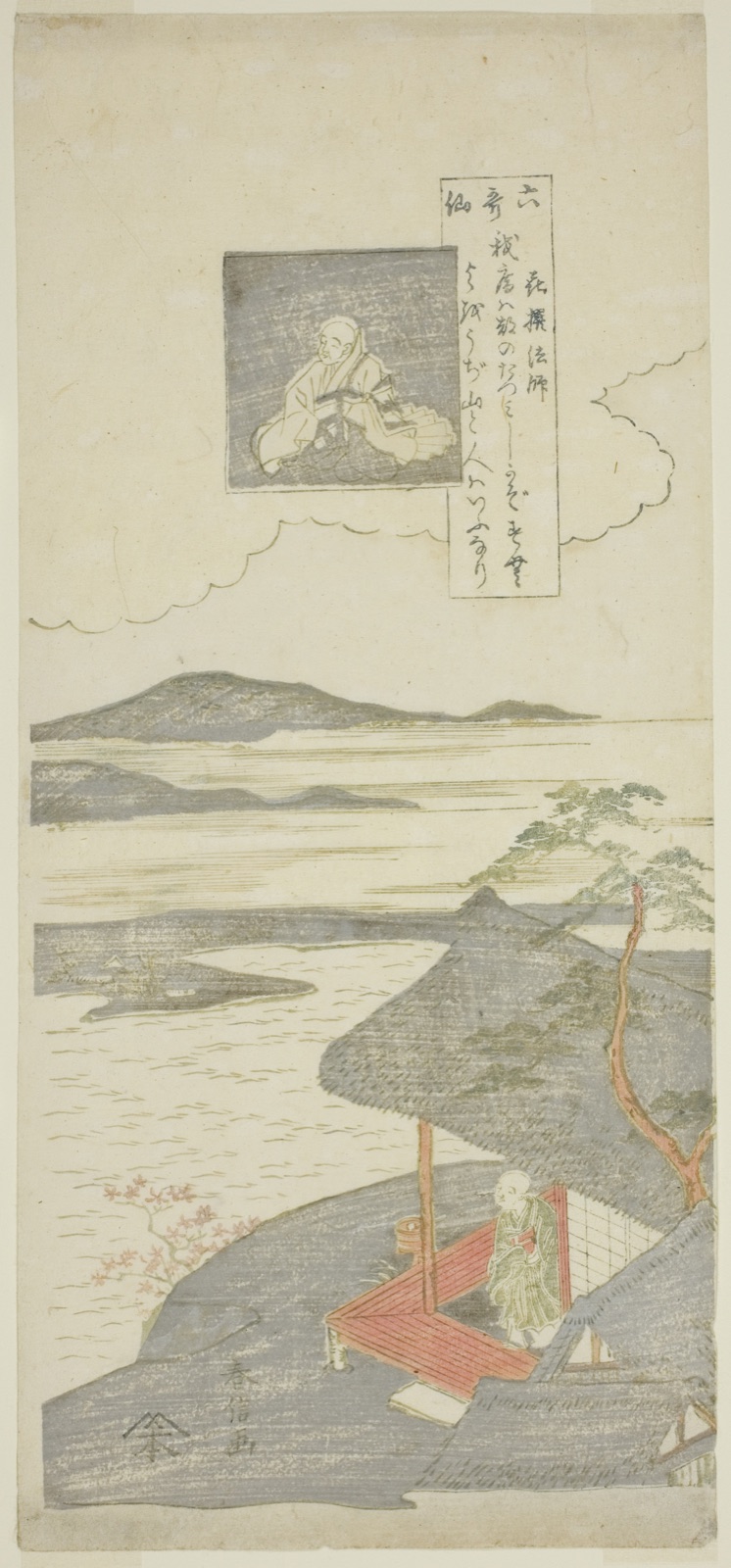 Poem by Kisen Hoshi, from the series "Six Famous Poets (Rokkasen)" — Suzuki Harunobu 鈴木 春信; Japanese, 1725 (?)-1770
