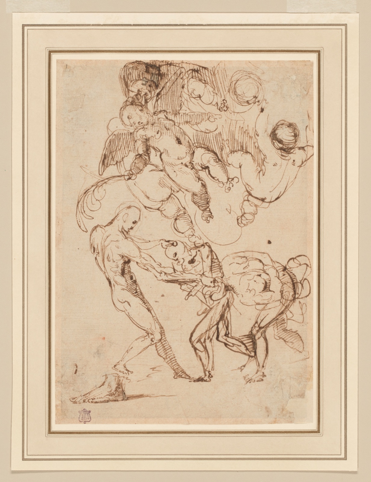 A Study of Bound Male Figures being Manhandled, and Various Putti, One Holding a Palm Frond — Circle of Agostino Carracci; Italian, 1557-1602
