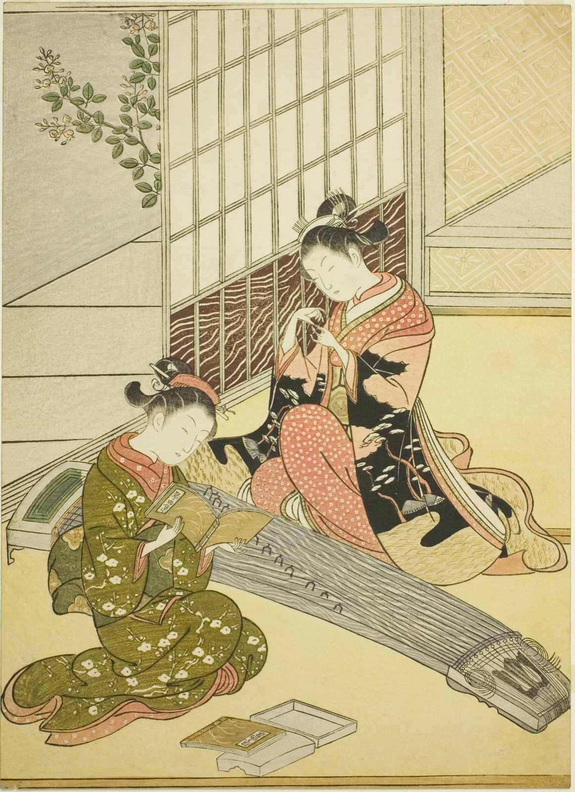Descending Geese of the Koto Bridges (Kotoji no rakugan), from the series "Eight Views of the Parlor (Zashiki hakkei)" — Suzuki Harunobu 鈴木 春信; Japanese, 1725 (?)-1770