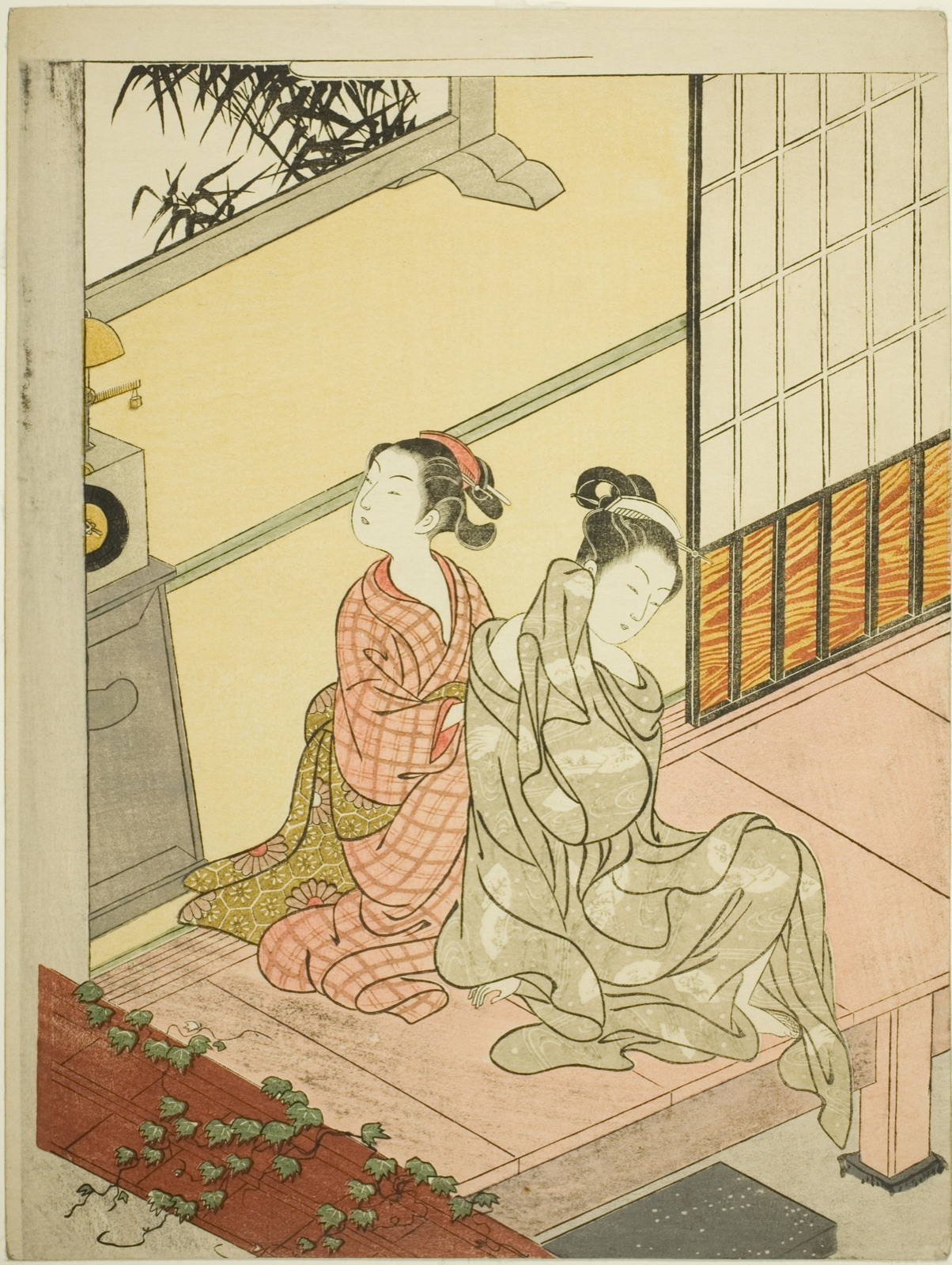 The Evening Bell of the Clock (Tokei no bansho), from the series "Eight Views of the Parlor (Zashiki hakkei)" — Suzuki Harunobu 鈴木 春信; Japanese, 1725 (?)-1770