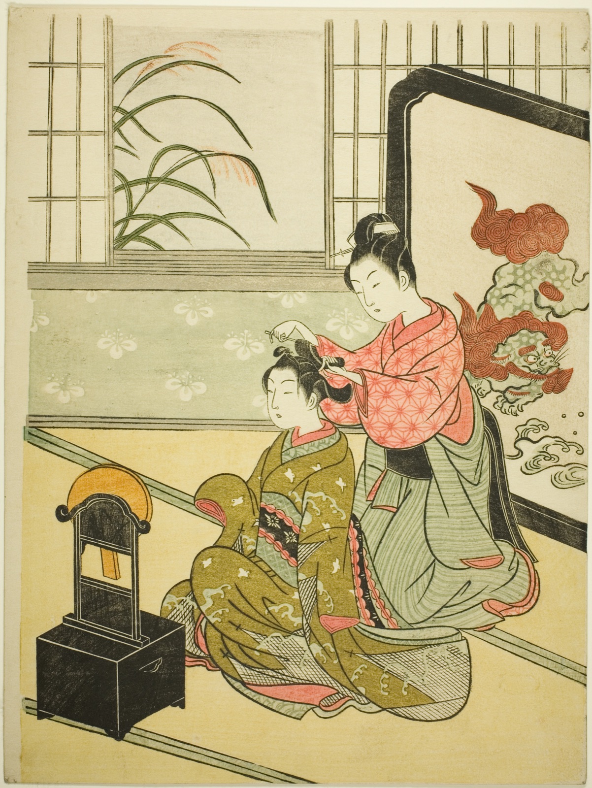 Autumn Moon in the Mirror (Kyodai no shugetsu), from the series "Eight Views of the Parlor (Zashiki hakkei)" — Suzuki Harunobu 鈴木 春信; Japanese, 1725 (?)-1770