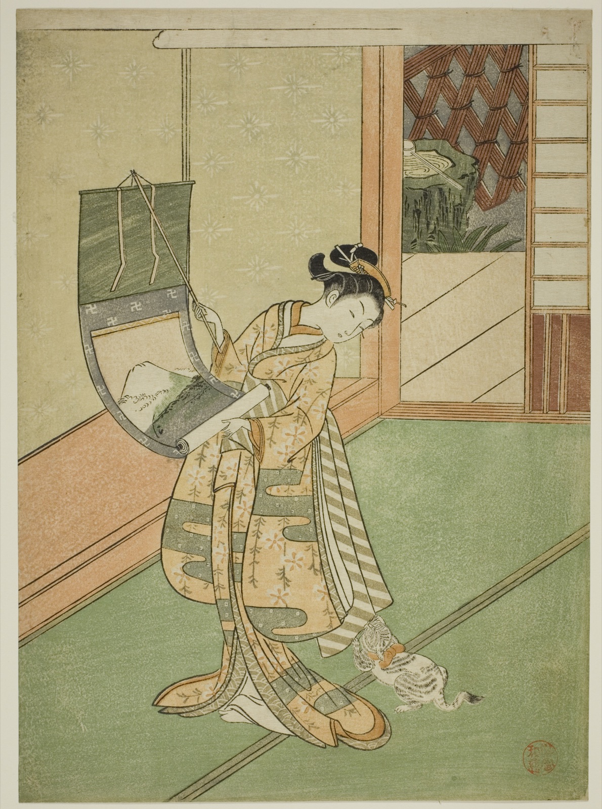 Hanging a Painting (parody of the Third Princess) — Attributed to Suzuki Harunobu 鈴木 春信; Japanese, 1725 (?)-1770