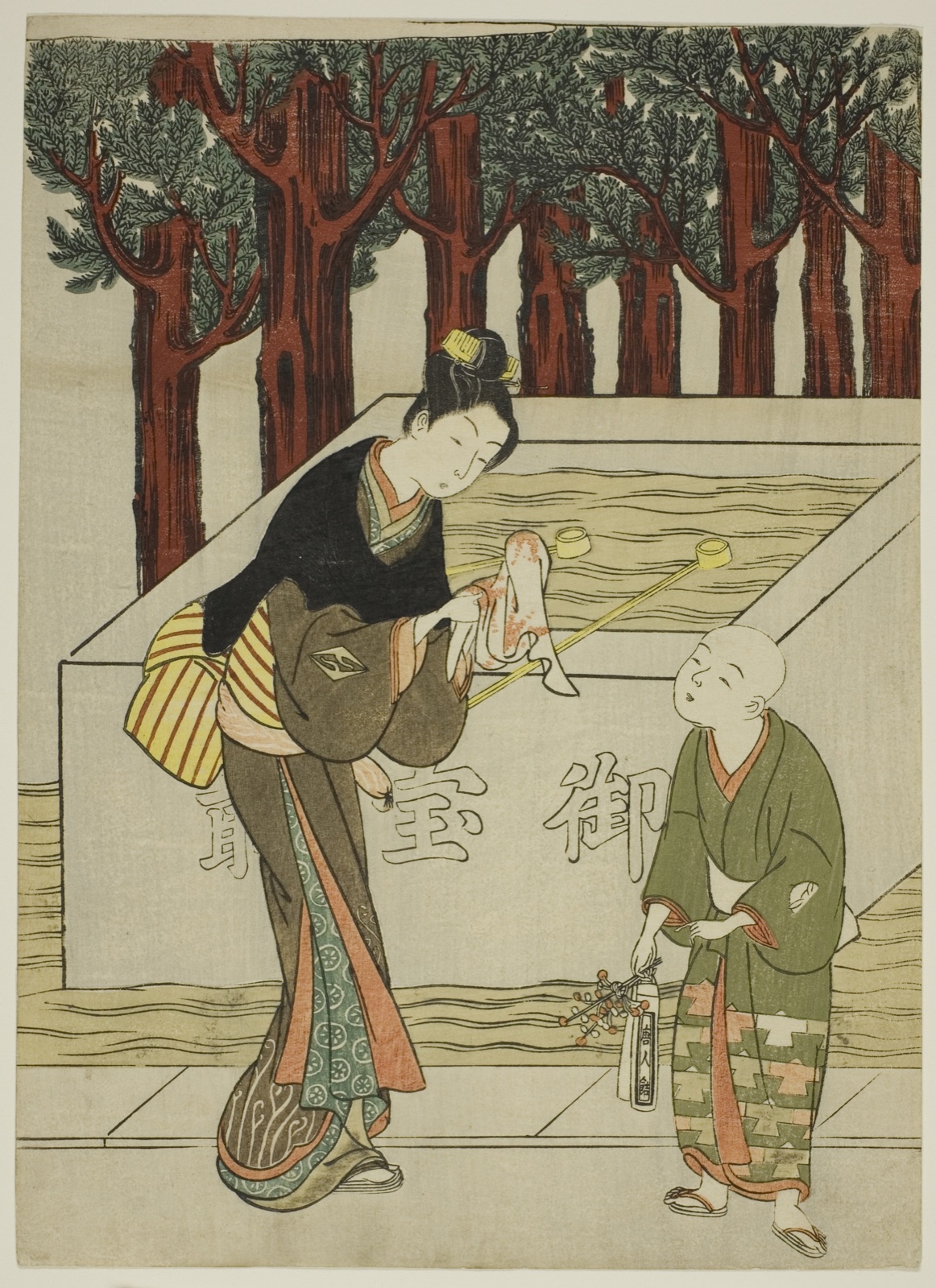 Woman Washing Her Hands before Entering a Shrine — Attributed to Suzuki Harunobu 鈴木 春信; Japanese, 1725 (?)-1770