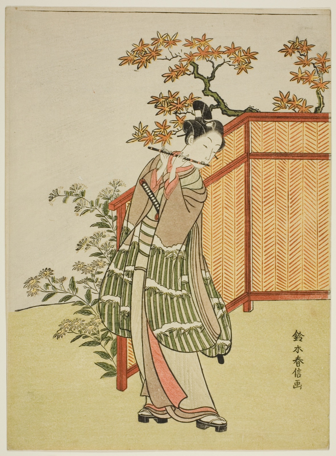 Young Man Playing the Flute Beside a Fence — Suzuki Harunobu 鈴木 春信; Japanese, 1725 (?)-1770