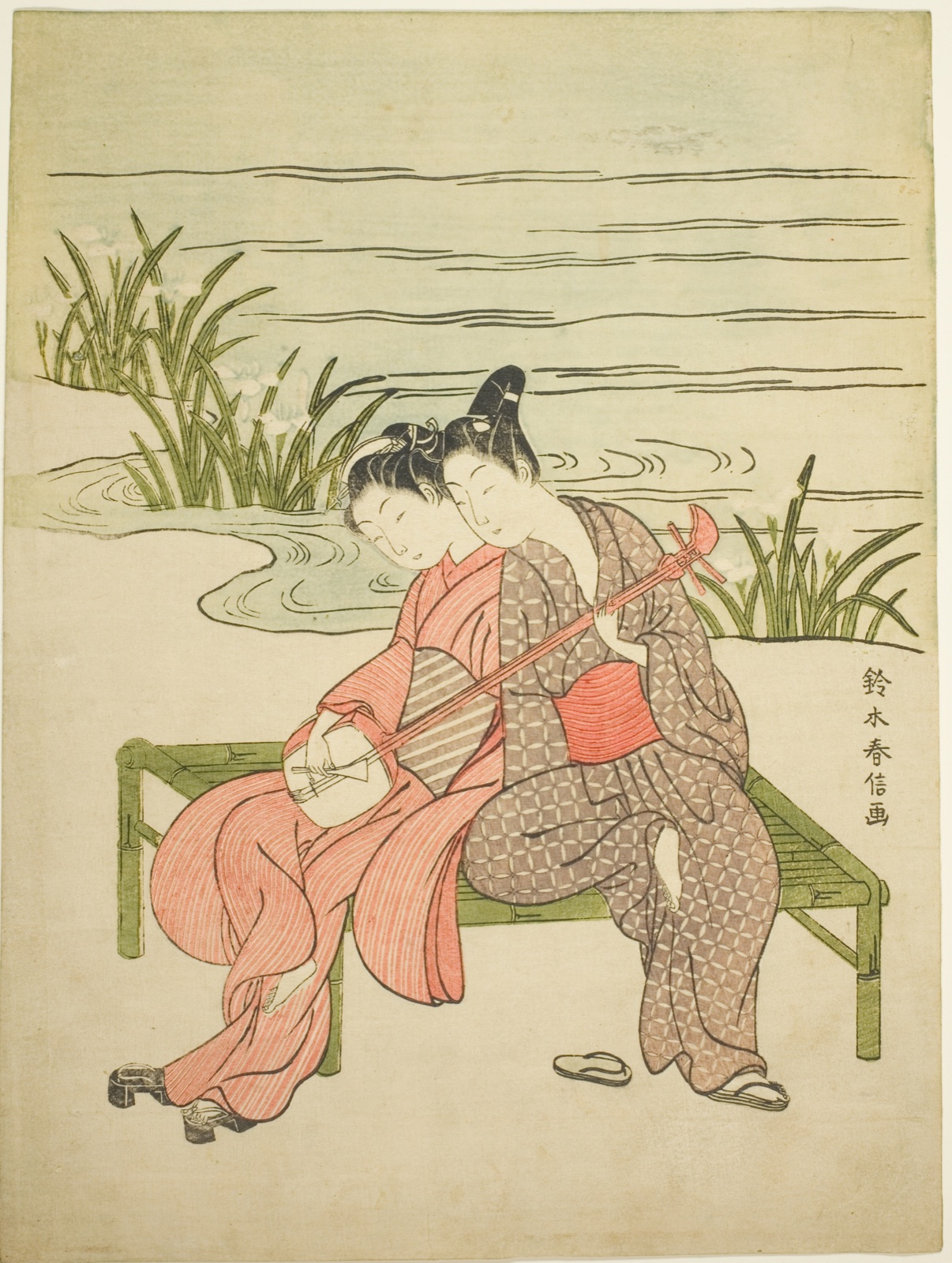Lovers Playing the Same Shamisen (parody of Xuanzong and Yang Guifei) — Suzuki Harunobu 鈴木 春信; Japanese, 1725 (?)-1770