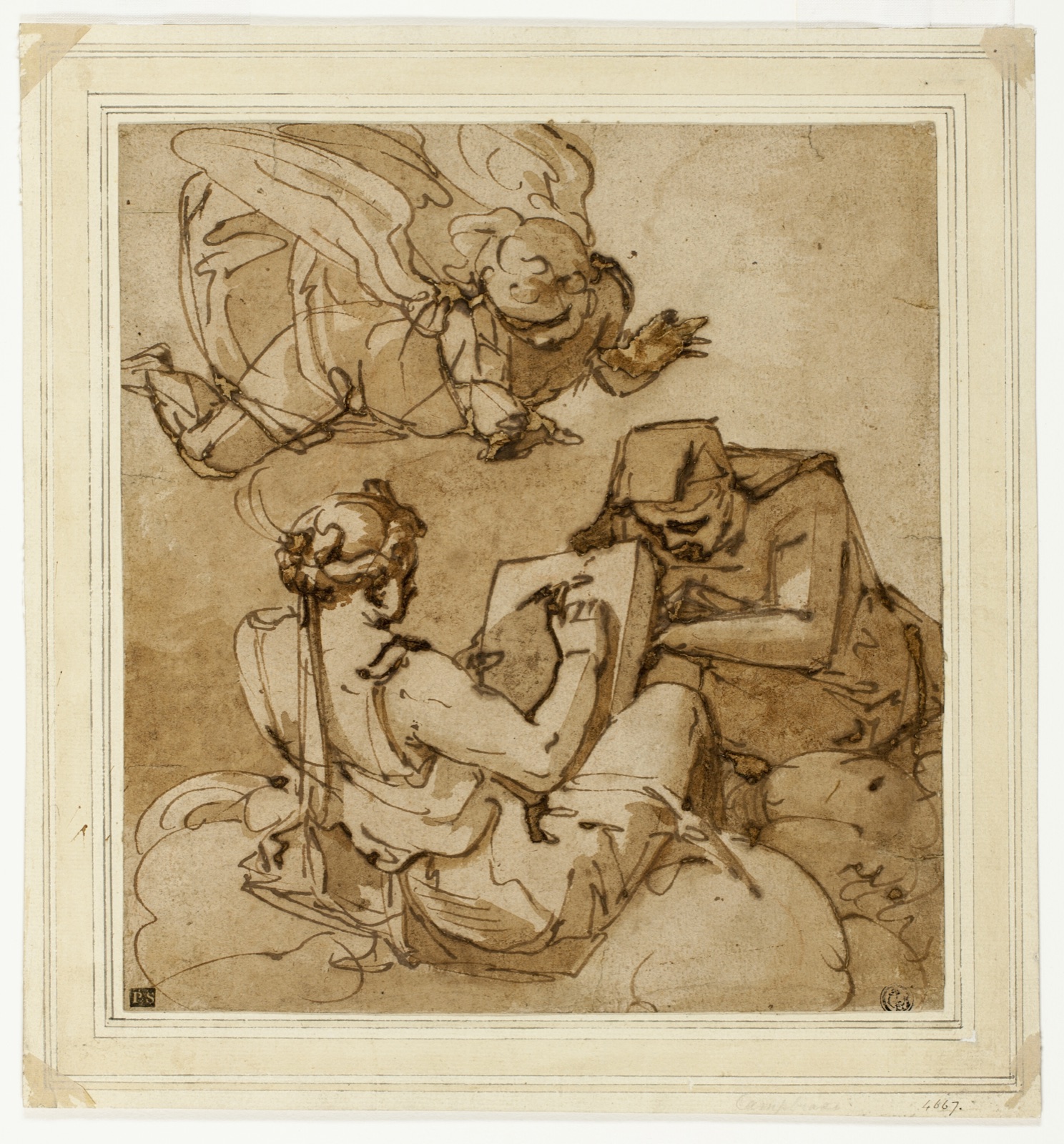 Allegorical Subject (Angel above Two Sibyls) — Luca Cambiaso; Italian, 1527-1585