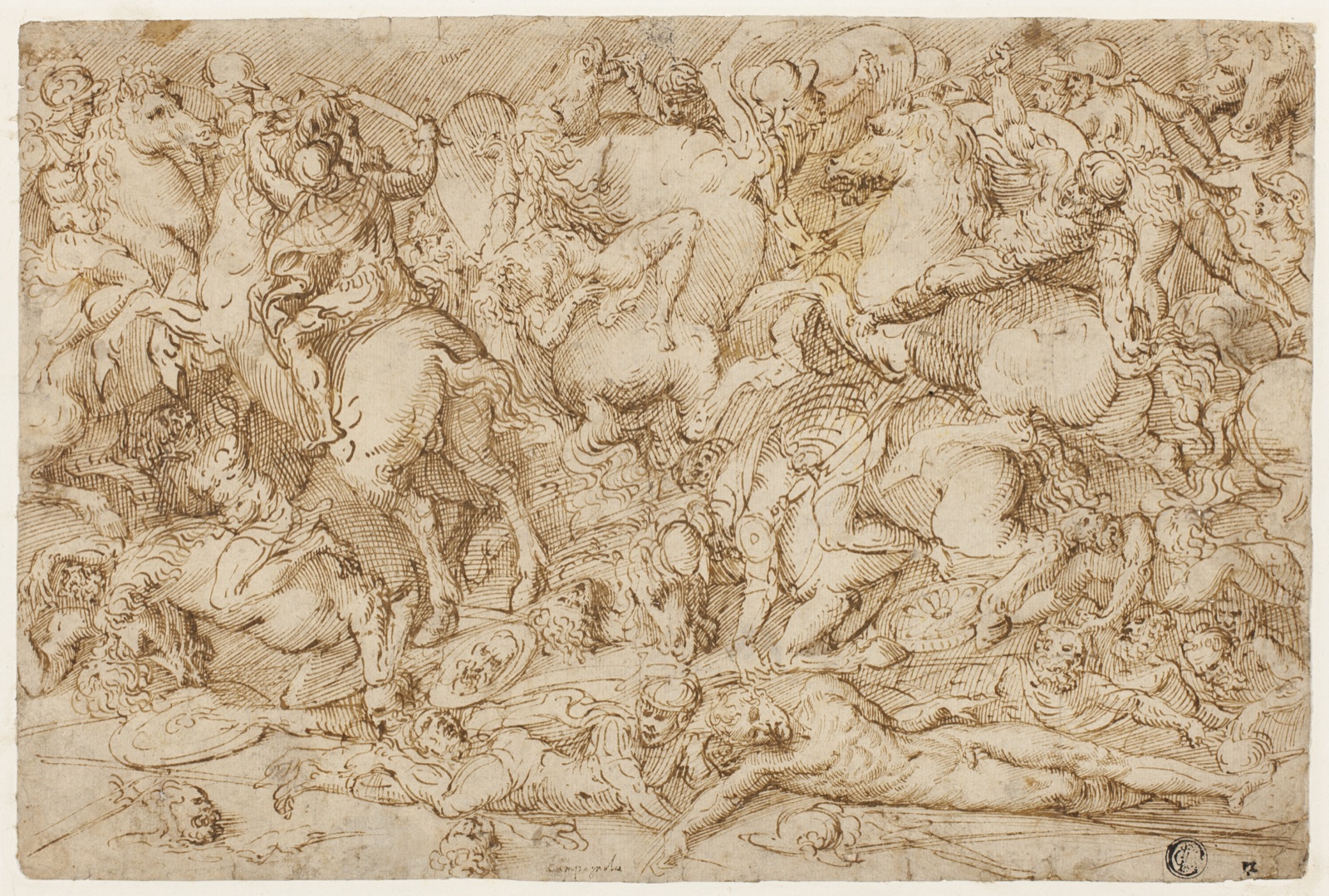 Battle Scene with Horses and Men — Domenico Campagnola; Italian, c. 1500-1564