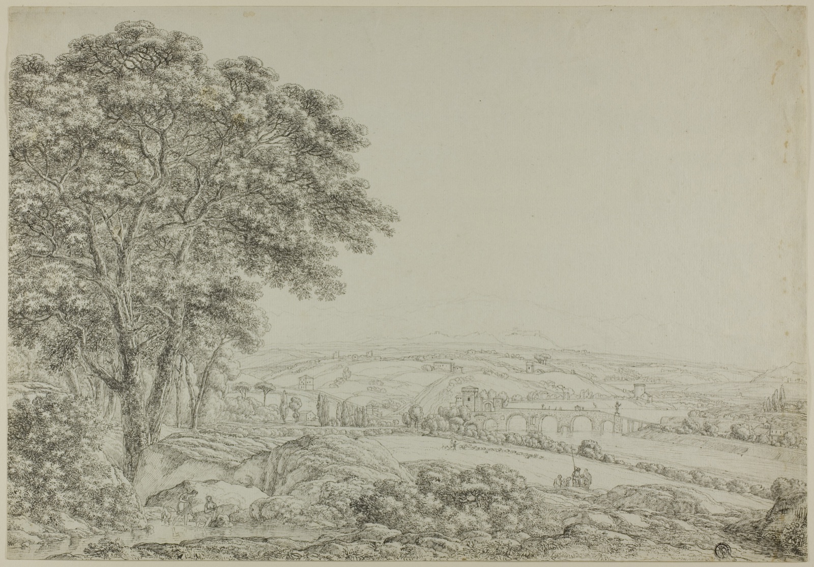 Wooded Pond with Bathing Figures, Vista of River Bridge, and Farms — Possibly Wilhelm Alexander Wolfgang von Kobell; German, 1766-1855