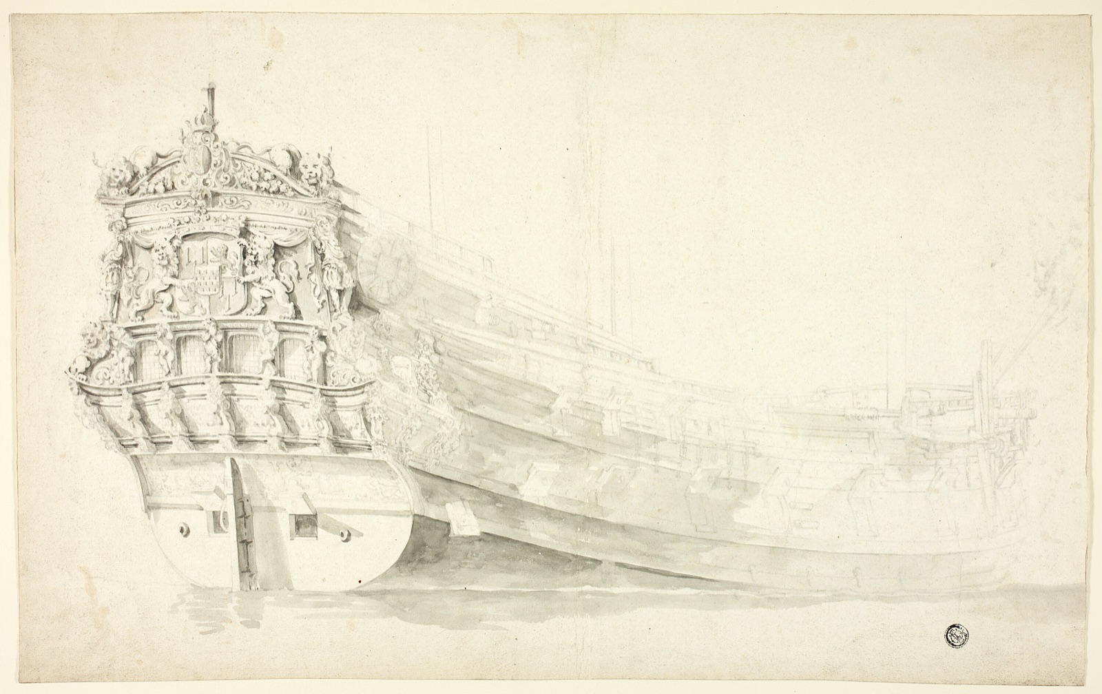 Dutch Ship with Ornamental Prow Seen from Starboard Quarter — Attributed to Willem van de Velde, I (Dutch, c. 1611-1693); or possibly Willem van de Velde, II (Dutch, 1633-1707)